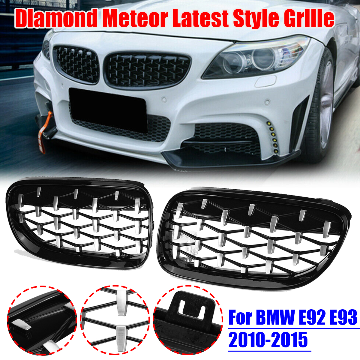 Pair-Grille-Grill-Black-Chrome-Diamond-Meteor-Mesh-For-BMW-E92-E93-2010-2015-R-1781208