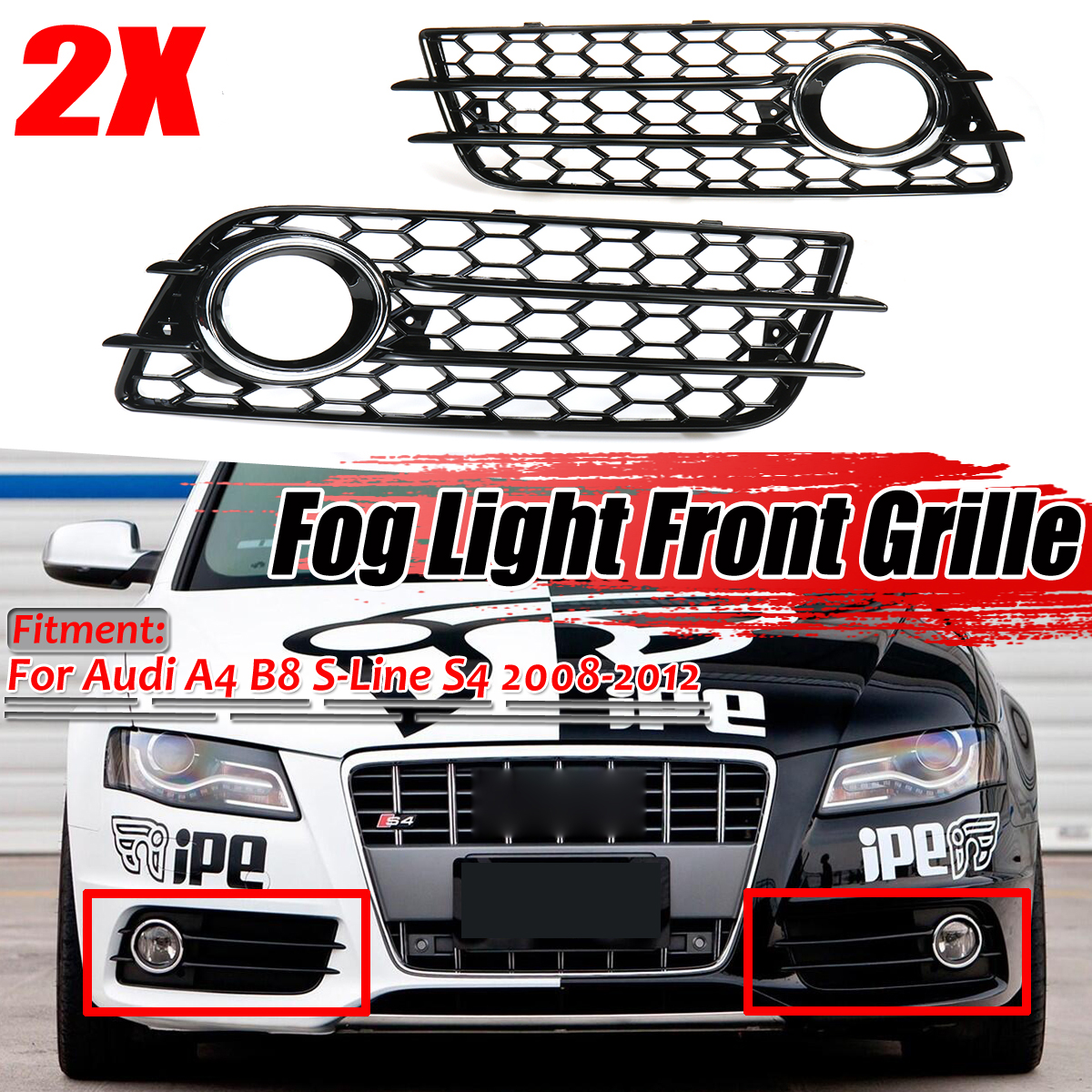 Plating-Front-Fog-Light-Cover-Honeycomb-Hex-Grille-Grill-For-Audi-A4-B8-S-Line-S4-2008-2012-1663737