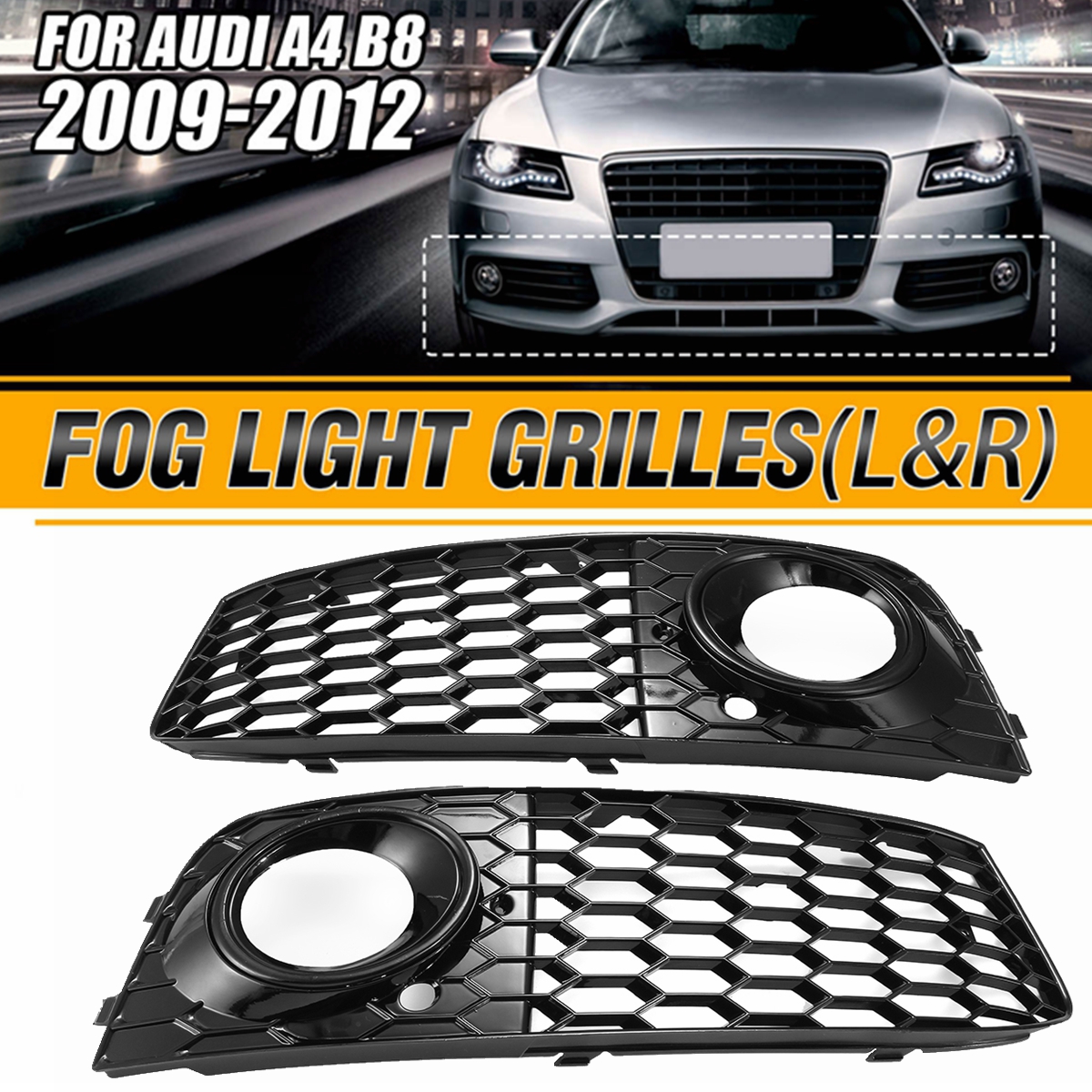 RS4-Style-Glossy-Black-Front-Bumper-Fog-Light-Grille-Grill-Pair-for-Audi-A4-B8-2009-2012-1609134