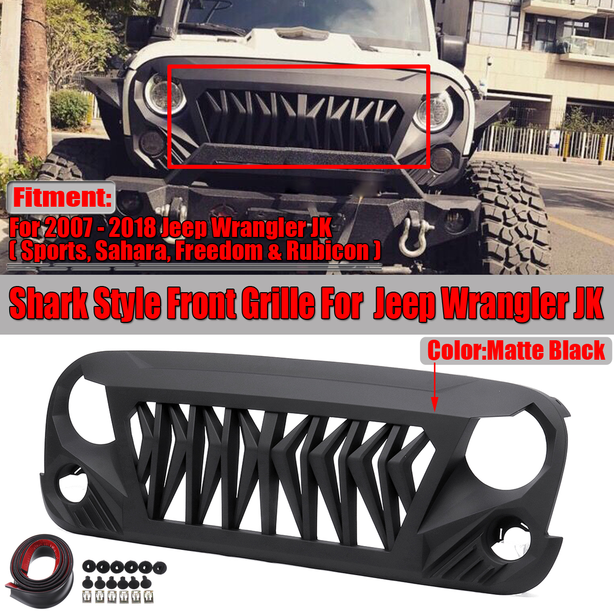 Shark-Grille-Matt-Black-ABS-Unlimited-Rubicon-For-2007-2018-Jeep-Wrangler-JK-JKU-1484443