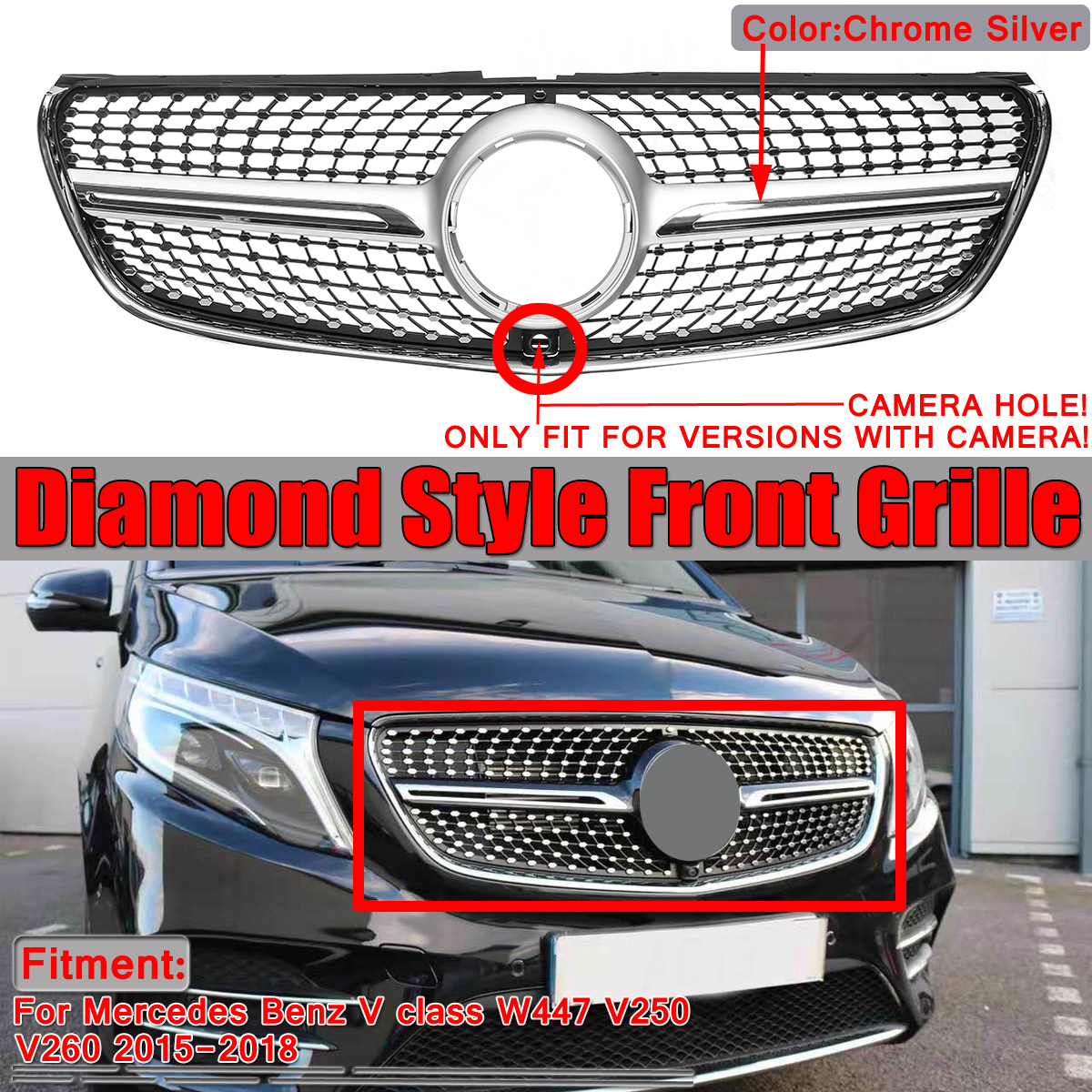 Silver-Diamond-Front-Grille-Grill-For-Mercedes-Benz-W447-V200-V220-V250-V260-2015-2018-With-Camera-1550013