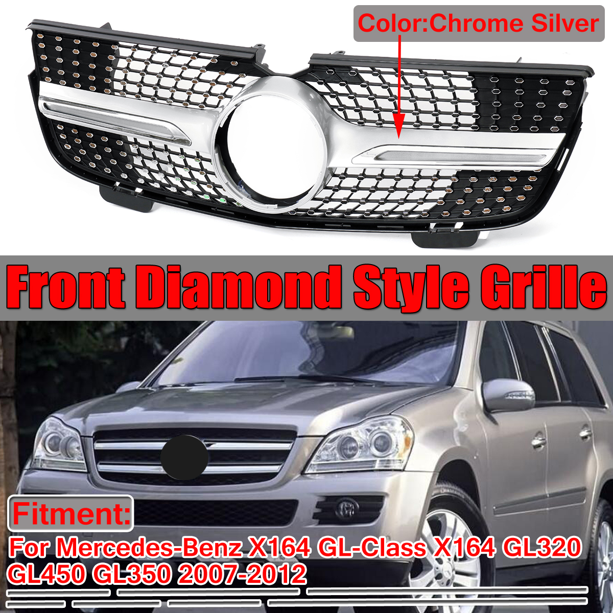 Silver-Diamond-Grille-Front-Grill-For-Mercedes-Benz-X164-GL-Class-GL450-GL350-GL320-1568508