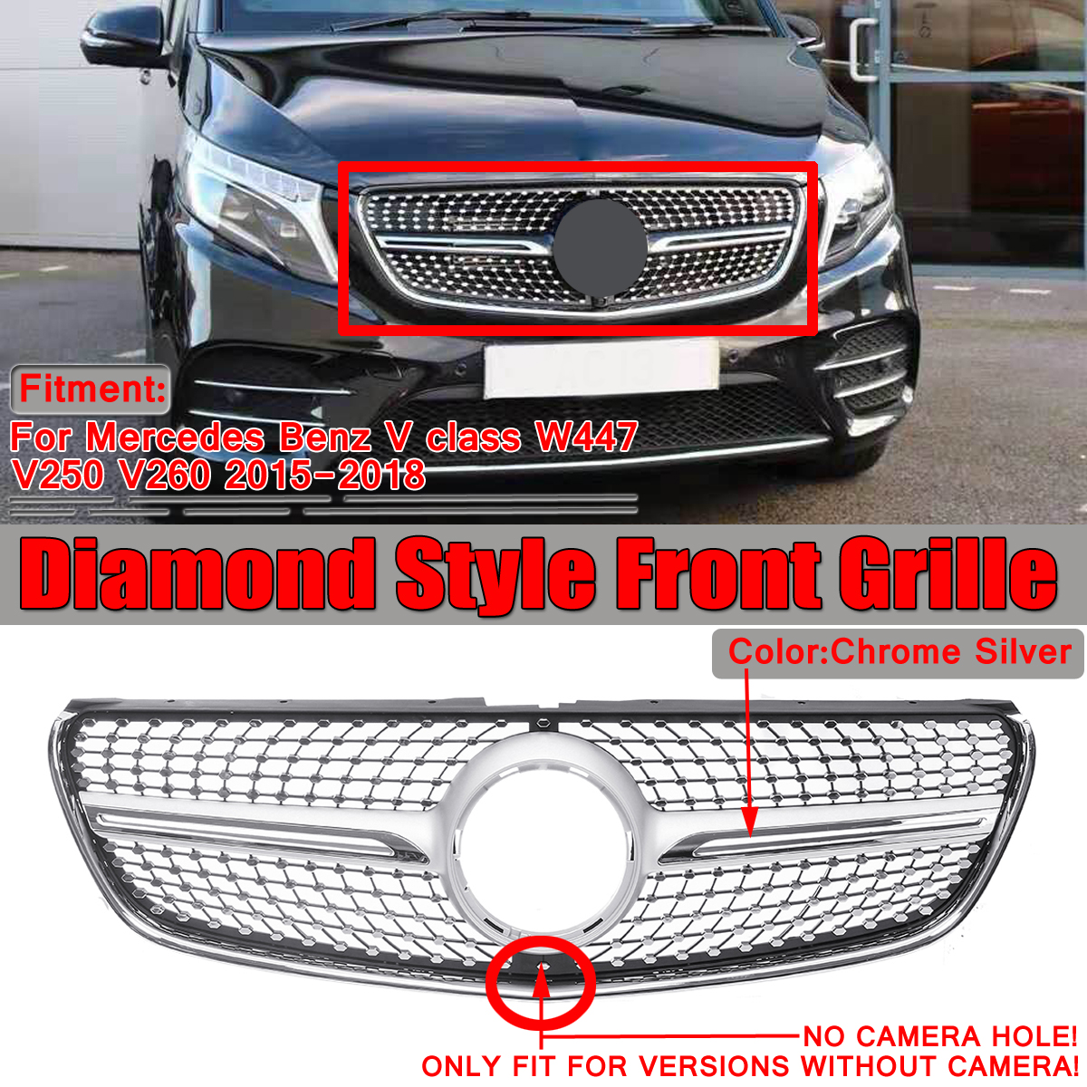 Silver-Diamond-Style-Front-Bumper-Grille-Grill-For-Mercedes-Benz-V-class-W447-15-18-1550014