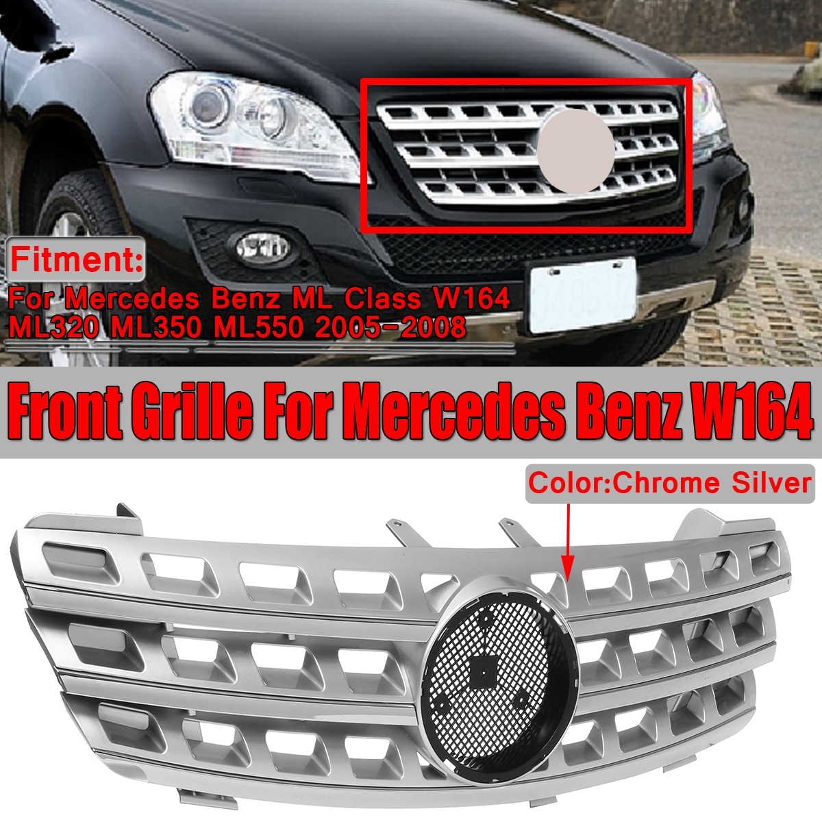 Silver-Front-Bumper-Sport-Grille-For-Mercedes-W164-ML320-ML350-ML430-ML550-2005-2008-1578474