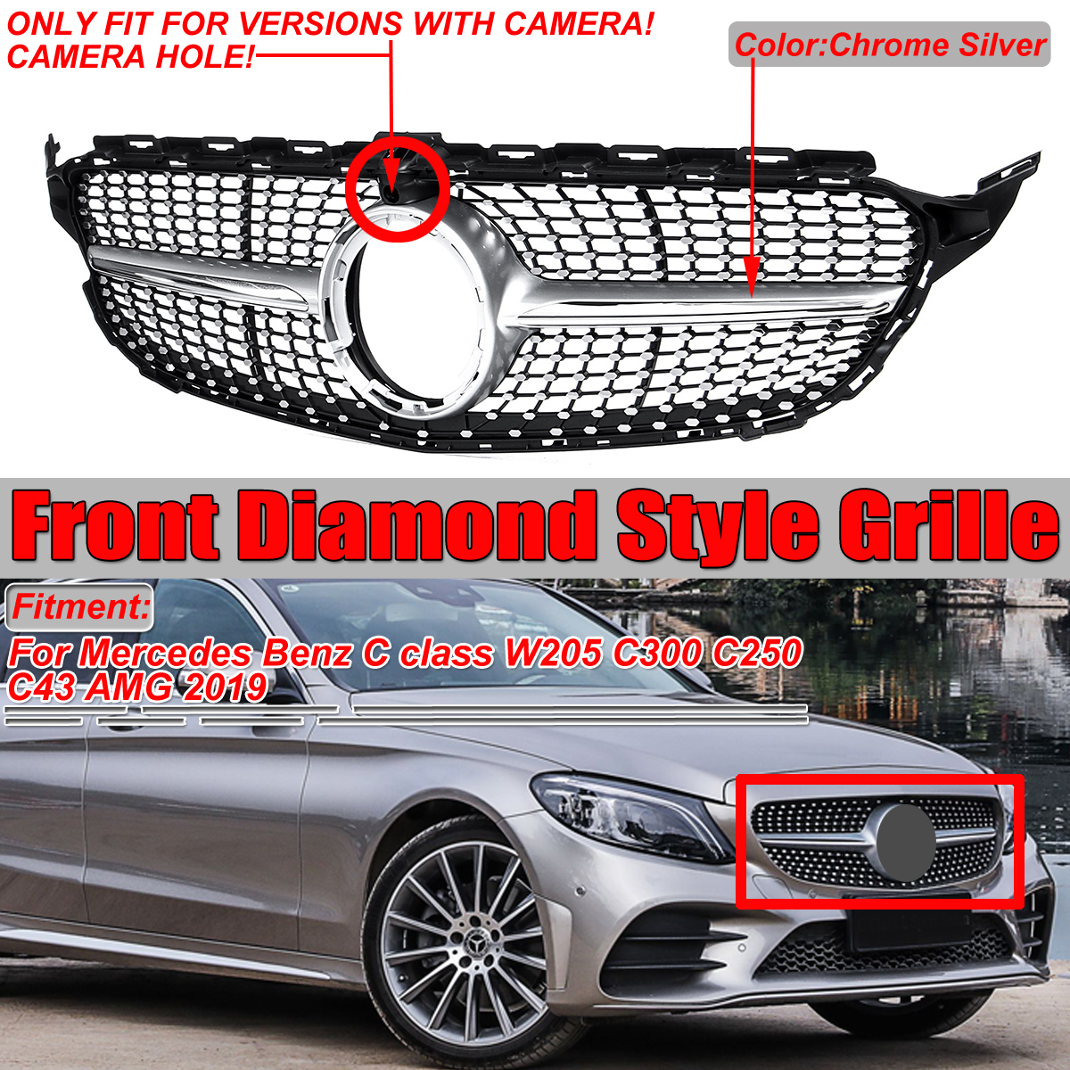 Silver-Front-Diamond-Grill-Grille-With-Camera-For-Benz-W205-C-Class-C250-C300-C400-C43-AMG-2019-1599604