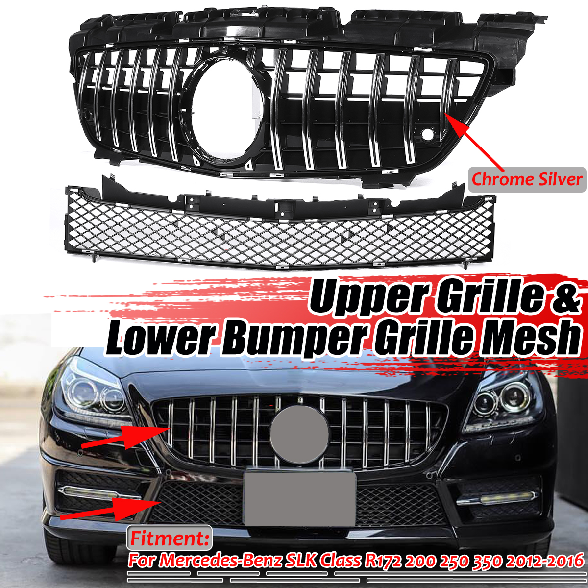 Silver-GT-Style-Front-Grill-Grille-For-Mercedes-Benz-SLK-Class-R172-200-250-350-2012-2016-1621206