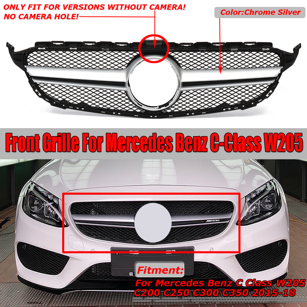 Sliver-AMG-Style-Front-Grill-Mesh-Grille-For-Mercedes-Benz-C-Class-W205-C200-C250-15-18-1578469