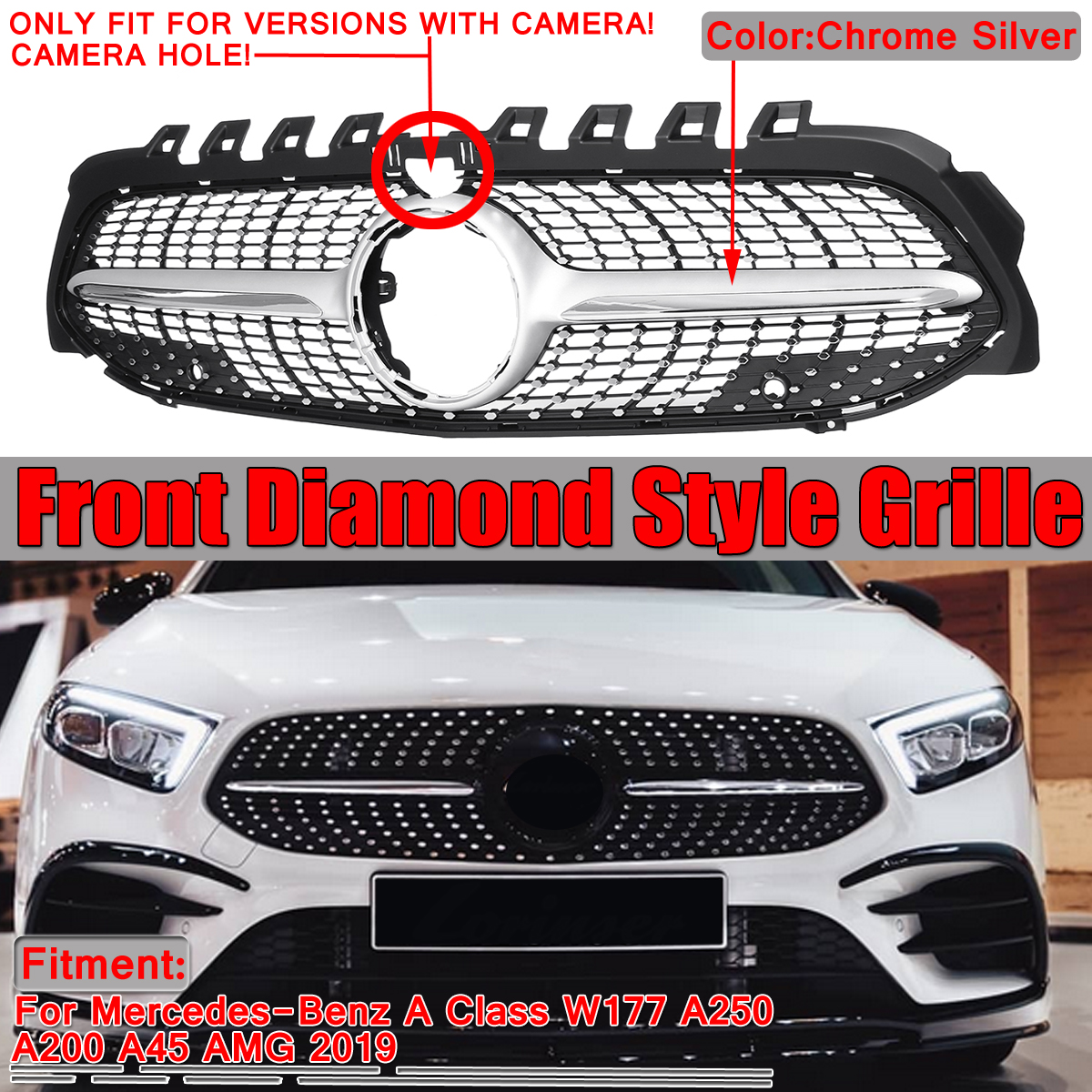 Sliver-Diamond-Front-Grille-Grill-With-Camera-For-Benz-A-Class-W177-A250-A200-A45-AMG-2019-1568512