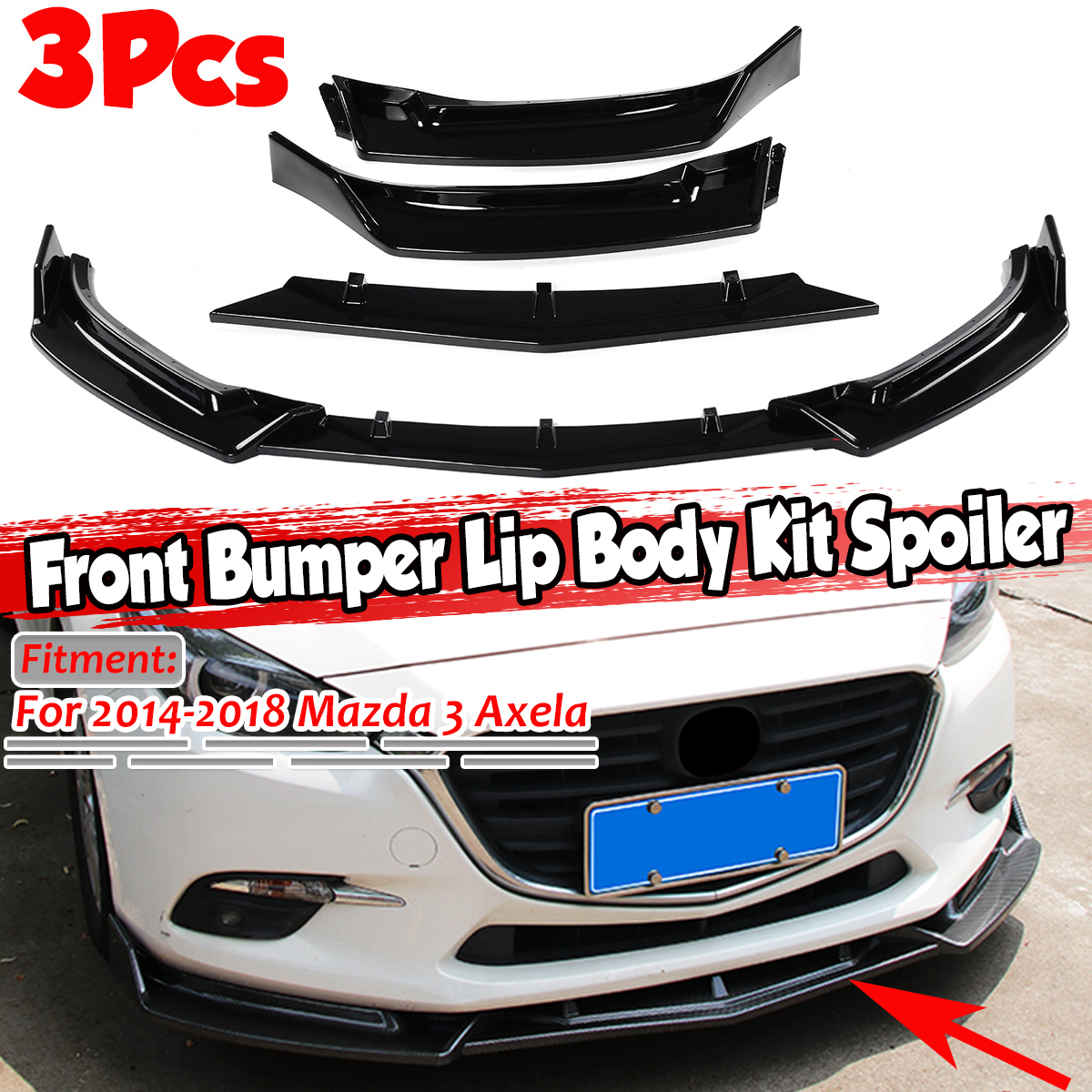 3PCS-For-2014-2018-Mazda-3-Axela-Painted-Black-Front-Bumper-Body-Kit-Spoiler-Lip-1773960
