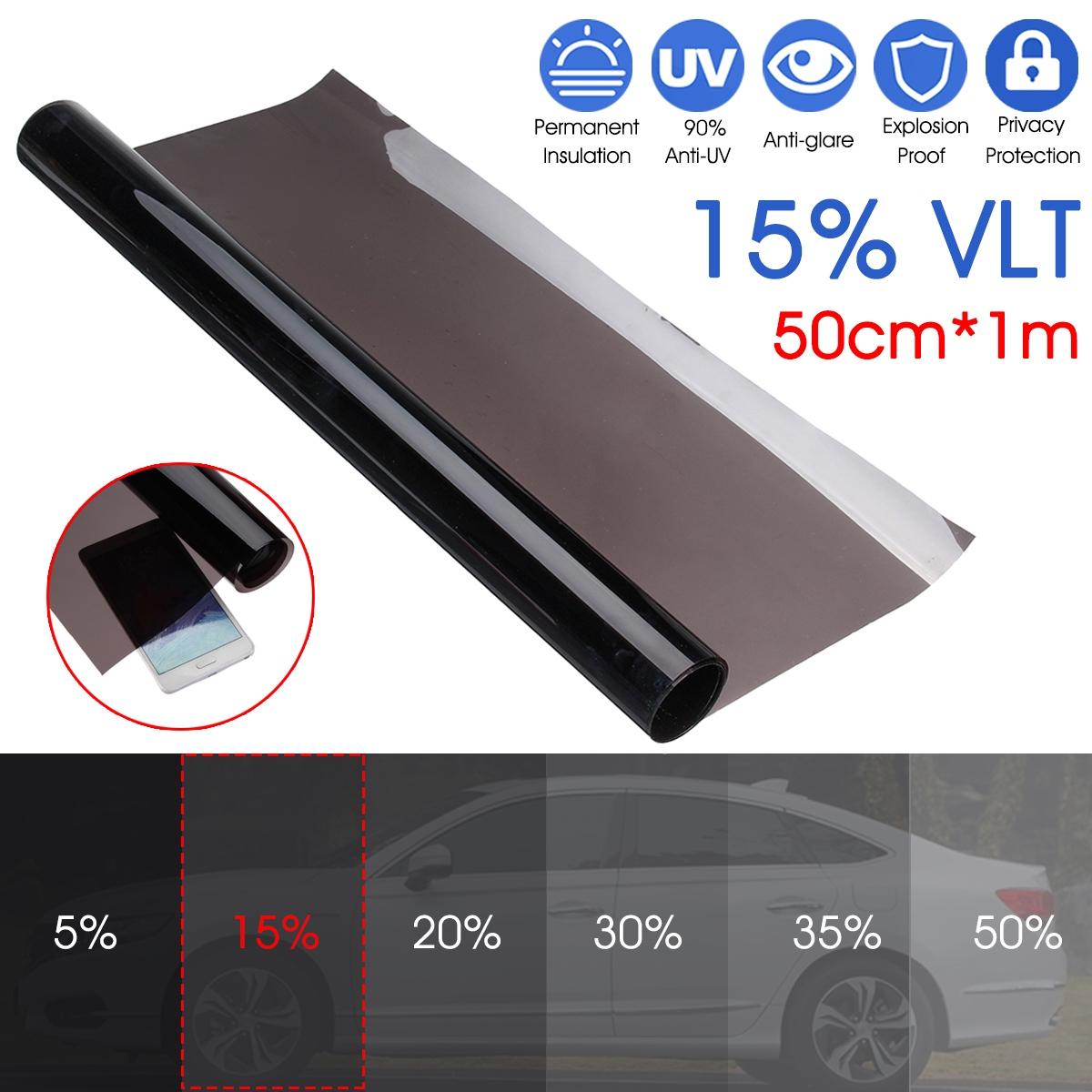 50cmx1m-15-VLT-Black-Car-Glass-Window-Tint-Shade-Film-Roll-for-Home-Office-Boat-1385455