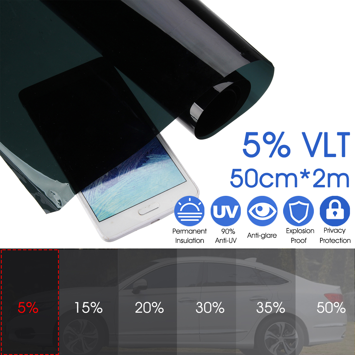 50cmx2m-5-VLT-Black-Car-Glass-Window-Tint-Shade-Film-Roll-for-Home-Office-Boat-1402193