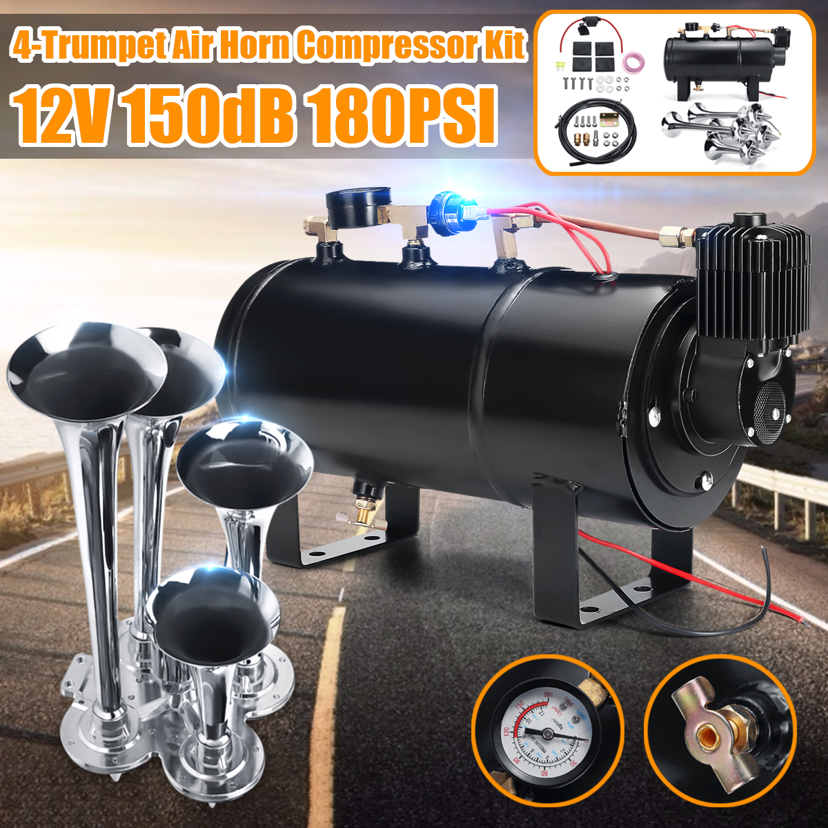 12ft-Tubing-4-Liters-150db-180-PSI-Truck-Train-4-Trumpet-Air-Horn-Compressor-Kit-Pressure-Gauge-1429687