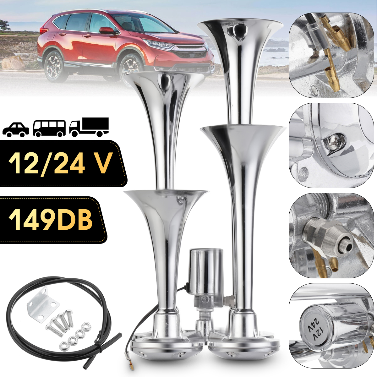149DB-Loud-4-Four-Trumpet-Train-Air-Horn-Metal-Chrome-For-Car-Truck-Boat-12V-24V-1272054