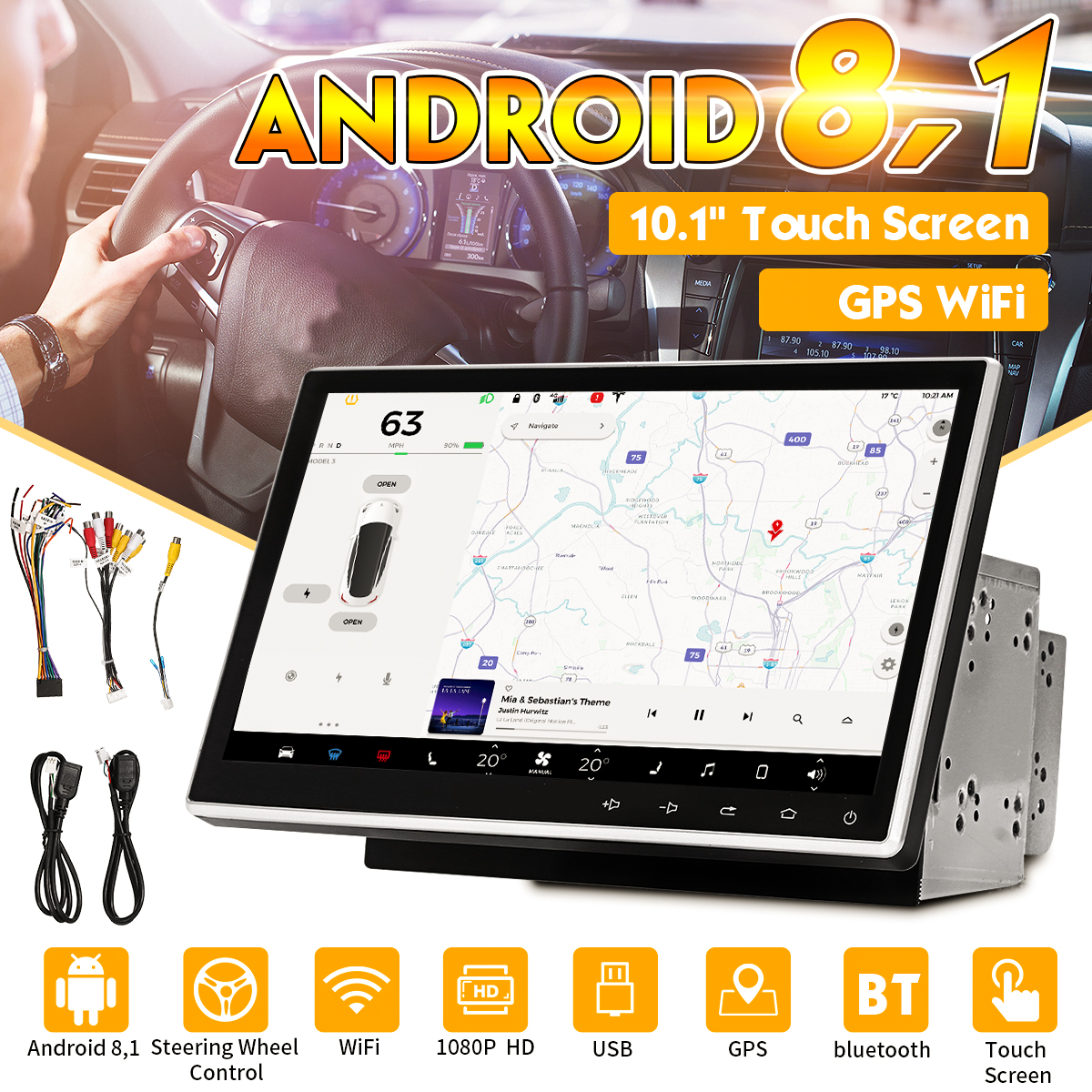 10.1" Double Din 2DIN Android 8.1 Car Stereo Radio GPS 1G&16GB Adjustable Screen 