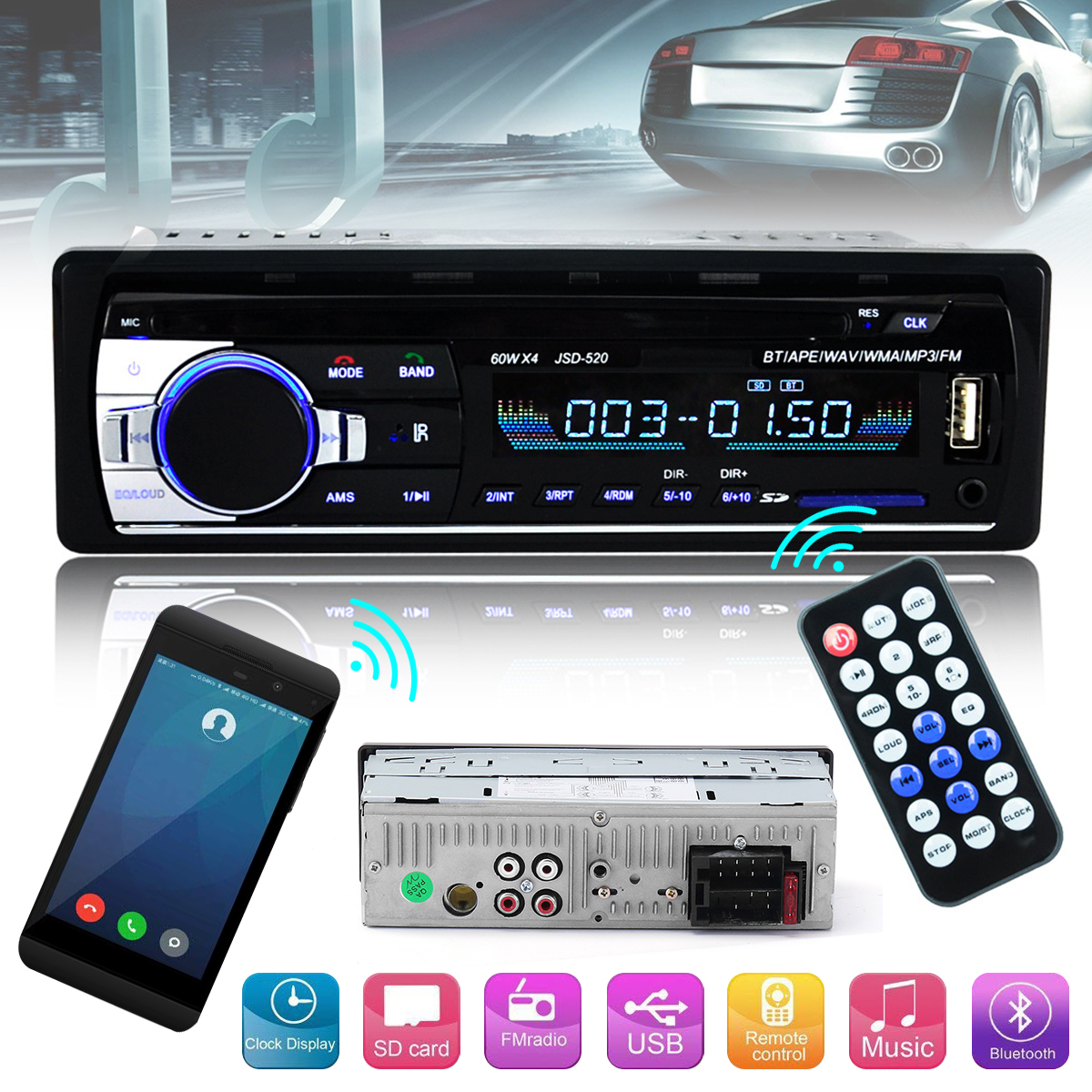 JSD520-Autoradio-Car-Radio-1-Din-12V-Car-MP3-Player-bluetooth-Stereo-AUX-IN-FM-USB-with-Remote-Contr-1345681