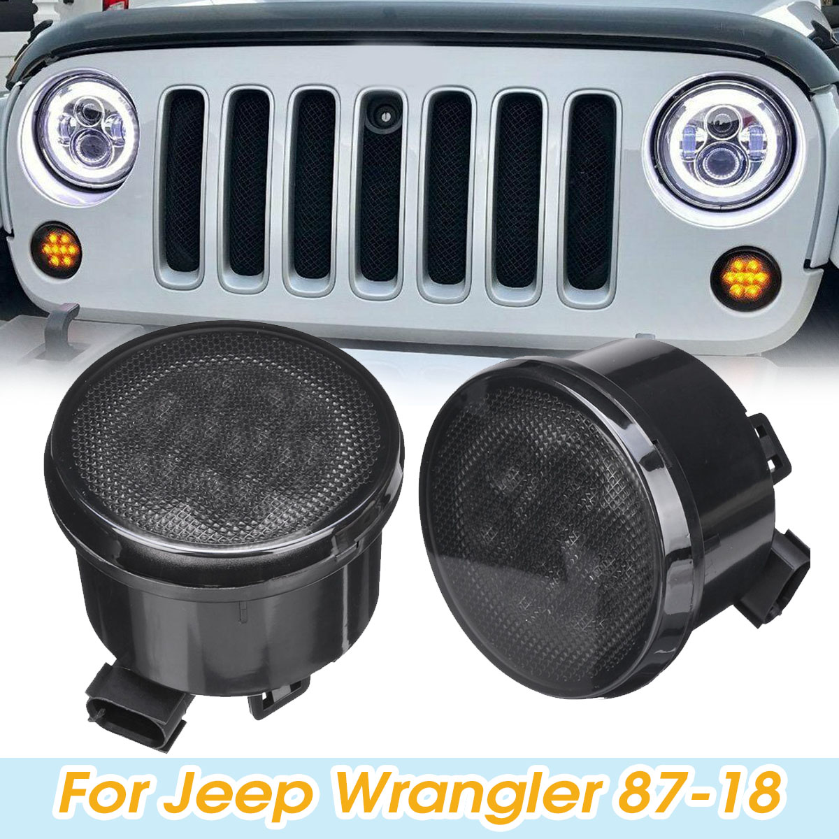 Front-Grill-Flood-LED-Turn-Signal-Lights-Smoke-Lens-Amber-For-Jeep-Wrangler-1987-2018-1574574