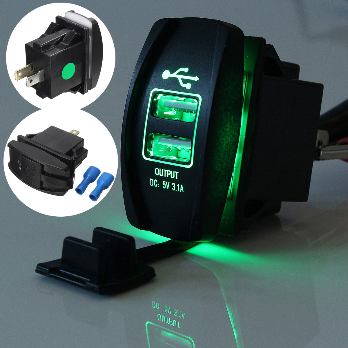12V24V-Green-LED-Backlit-Car-Boat-Dual-USB-Charger-5V-31A-Output-Rocker-Switch-1119564