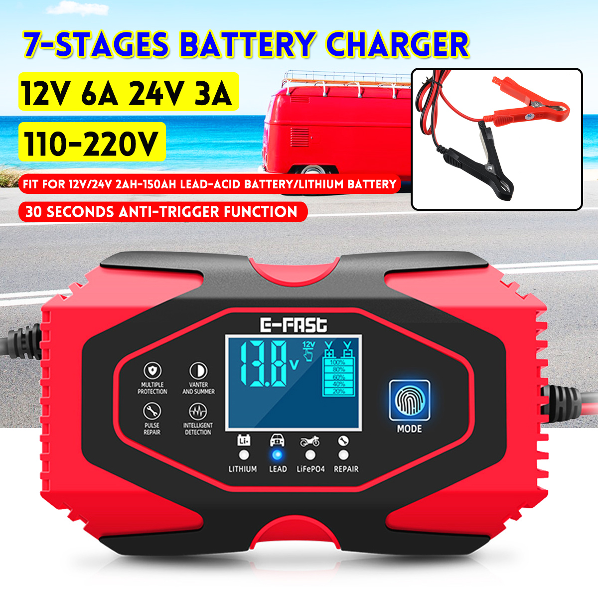 E-Fast-7-Stages-Touch-Screen-LCD-Display-12V-6A-24V-3A-Car-Motorcycle-Lead-Smart-Battery-Memory-Func-1709723