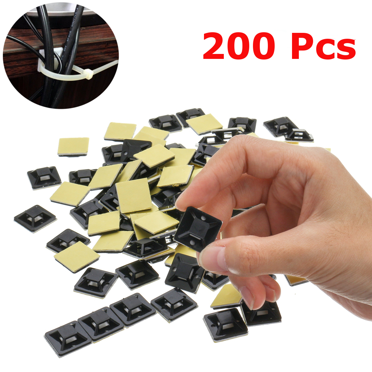 200PcsPack-20x20mm-Self-Adhesive-Zip-Tie-Cable-Wire-Mounts-Clamps-Wall-Holder-Black-1816994