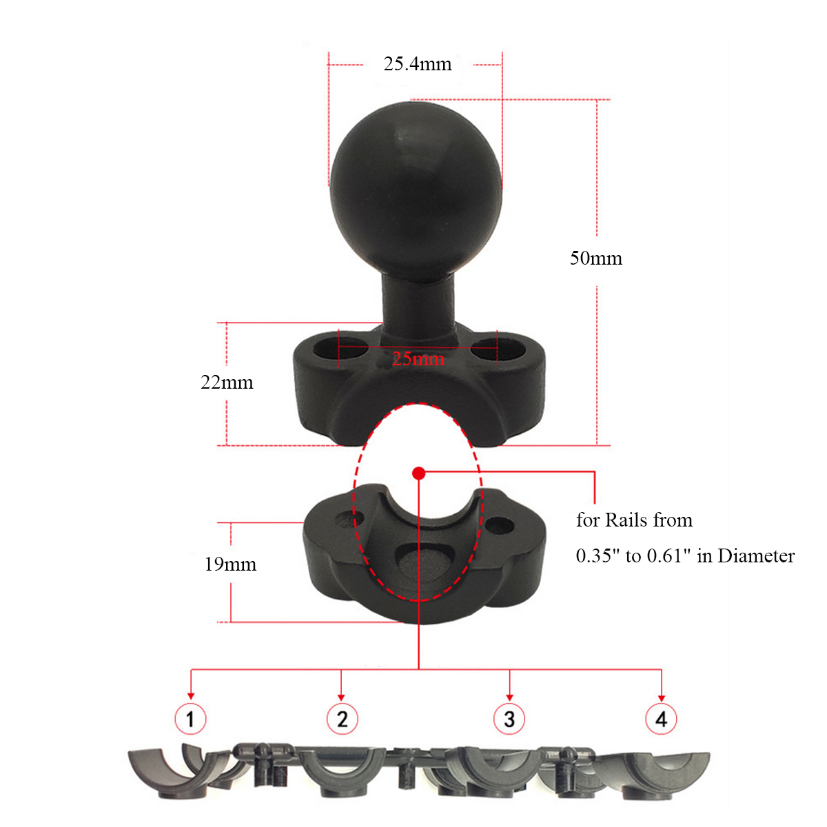 Mini-Rail-Base-with-1quot-Ball-For-Motorcycle-035quot-to-061quot-Diameter-Handlebar-Mount-1716290