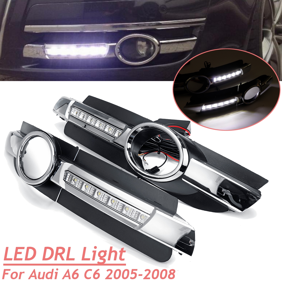 LED-DRL-Daytime-Running-Lights-Driving-Fog-Lamp-White-with-Controller-Wiring-Pair-for-Audi-A6-C6-200-1464197
