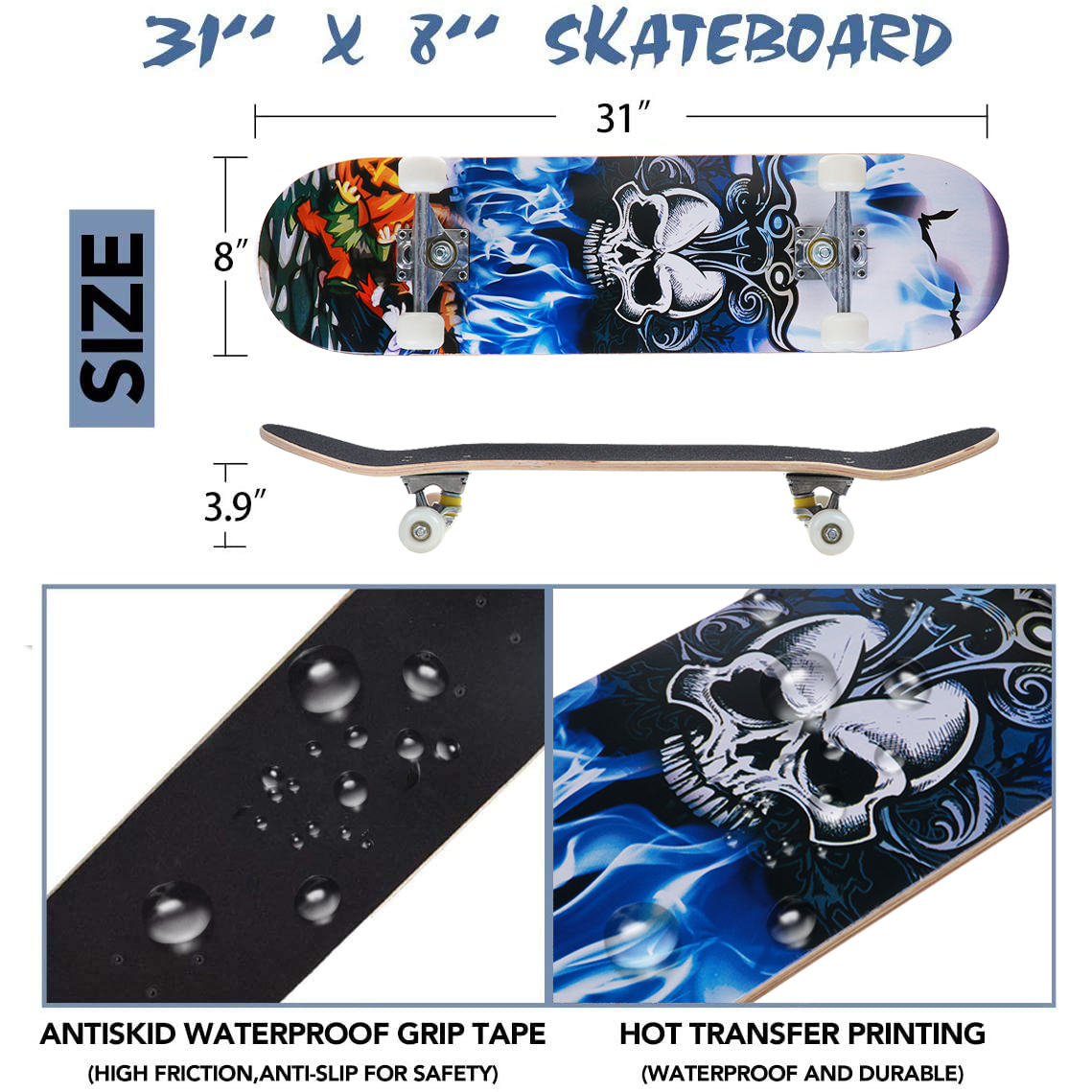 31quot-Skateboard-Retro-Complete-Deck-Cruiser-Skater-Skating-Wooden-Board-1818285