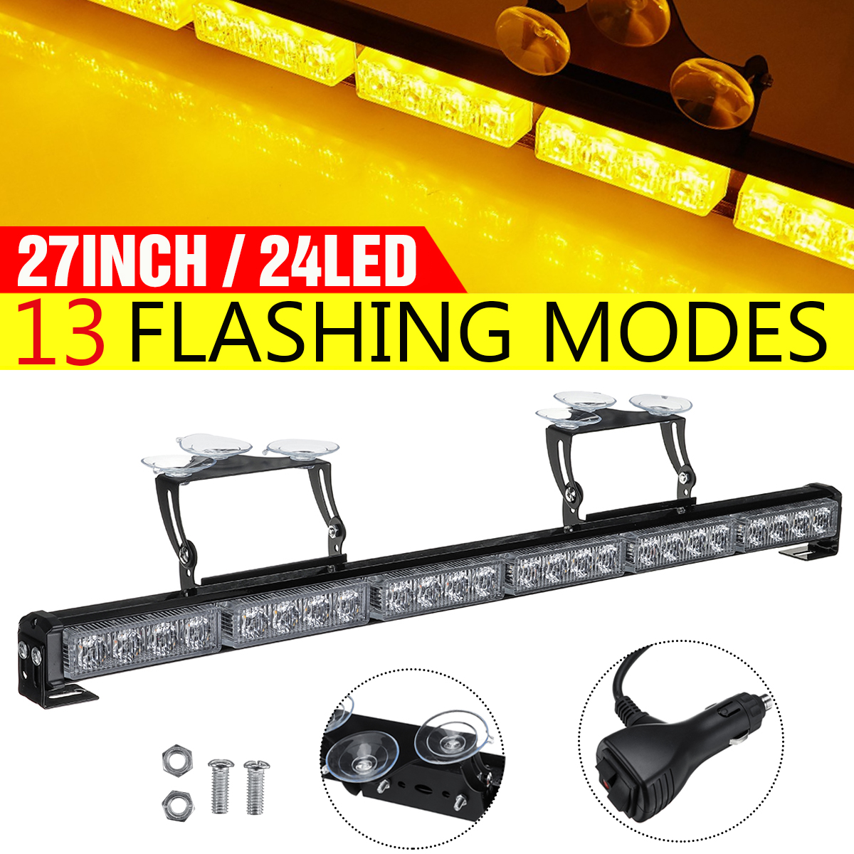 12V-Amber-27-24LED-Emergency-Warning-Flash-Strobe-Light-Bar-Traffic-Advisor-1778961