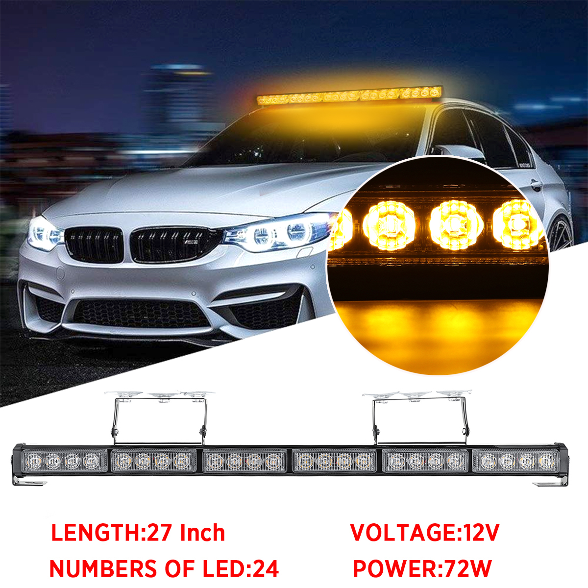 12V-Amber-27-24LED-Emergency-Warning-Flash-Strobe-Light-Bar-Traffic-Advisor-1778961