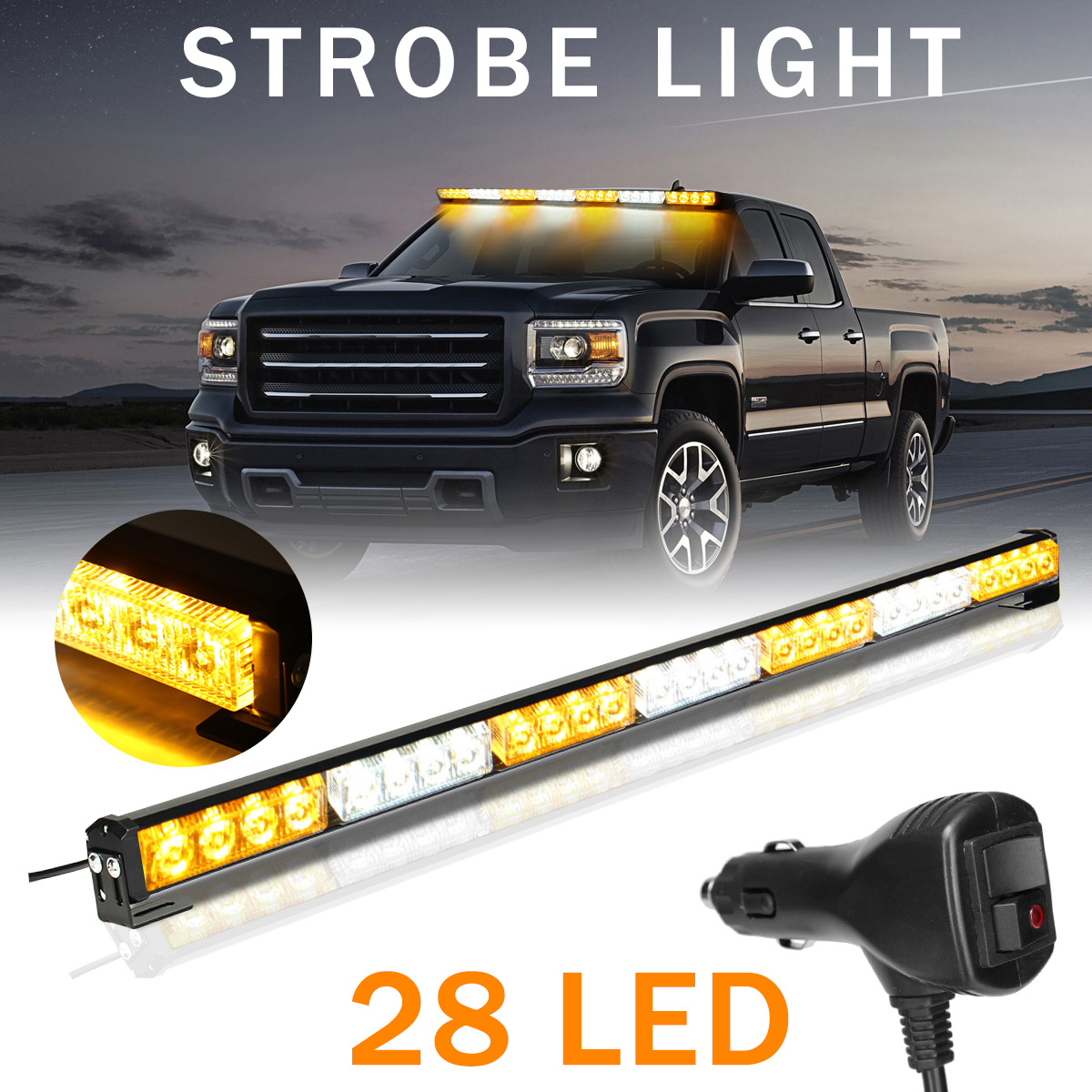 31quot-28-LED-Car-Flashing-Warning-Light-Bar-Traffic-Flash-Strobe-Lamp-DC12V-Amber--White-1346562