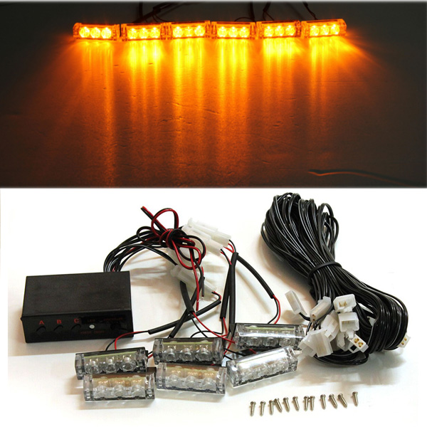 Car-12V-6-Amber-LED-Flashing-Grill-Lights-Bar-Strobes-Warning-Recovery-Breakdown-994034