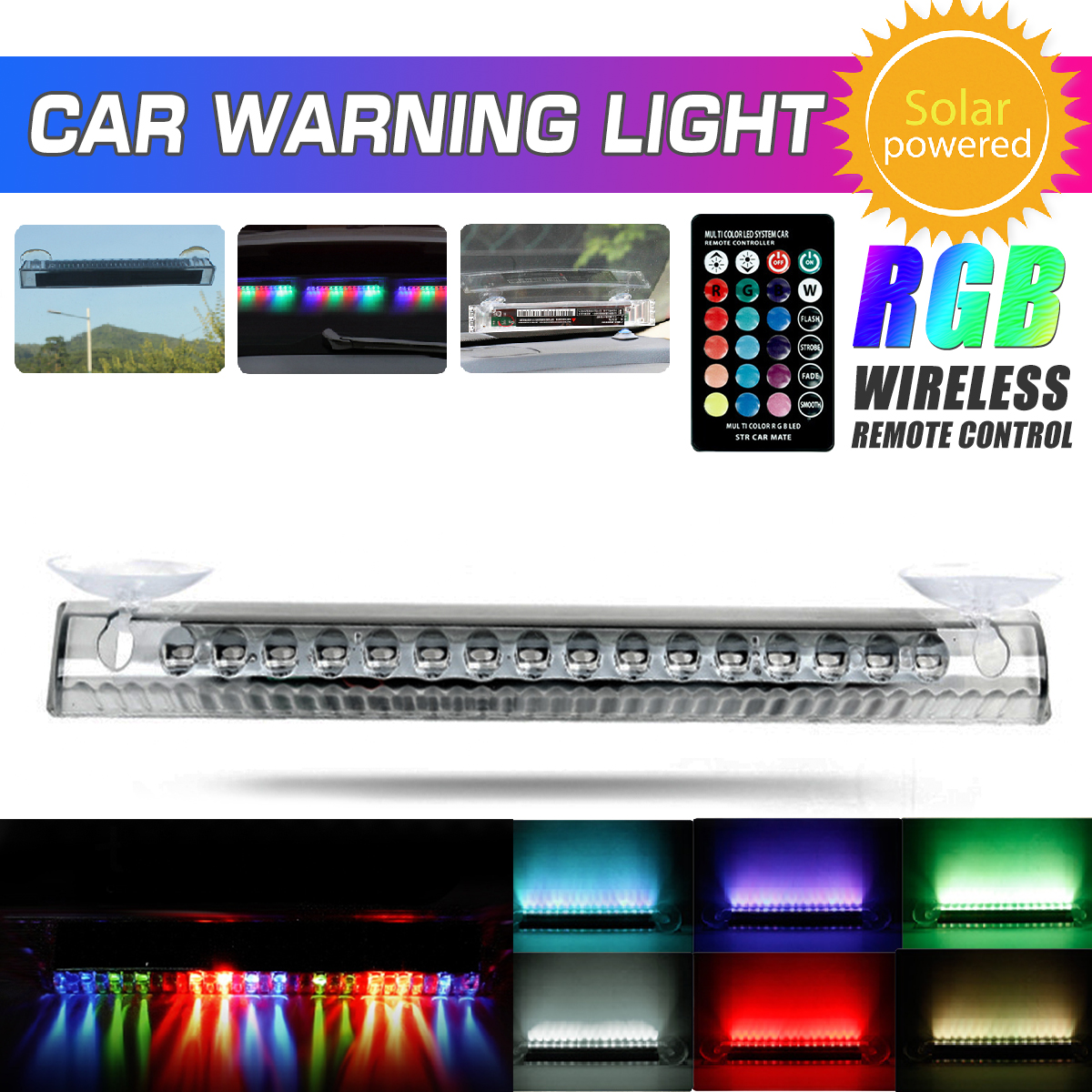 Car-LED-RGB-16-Color-Solar-Remote-Control-Warning-Emergency-Strobe-Light--Anti-tailing-12V-8W-1605079