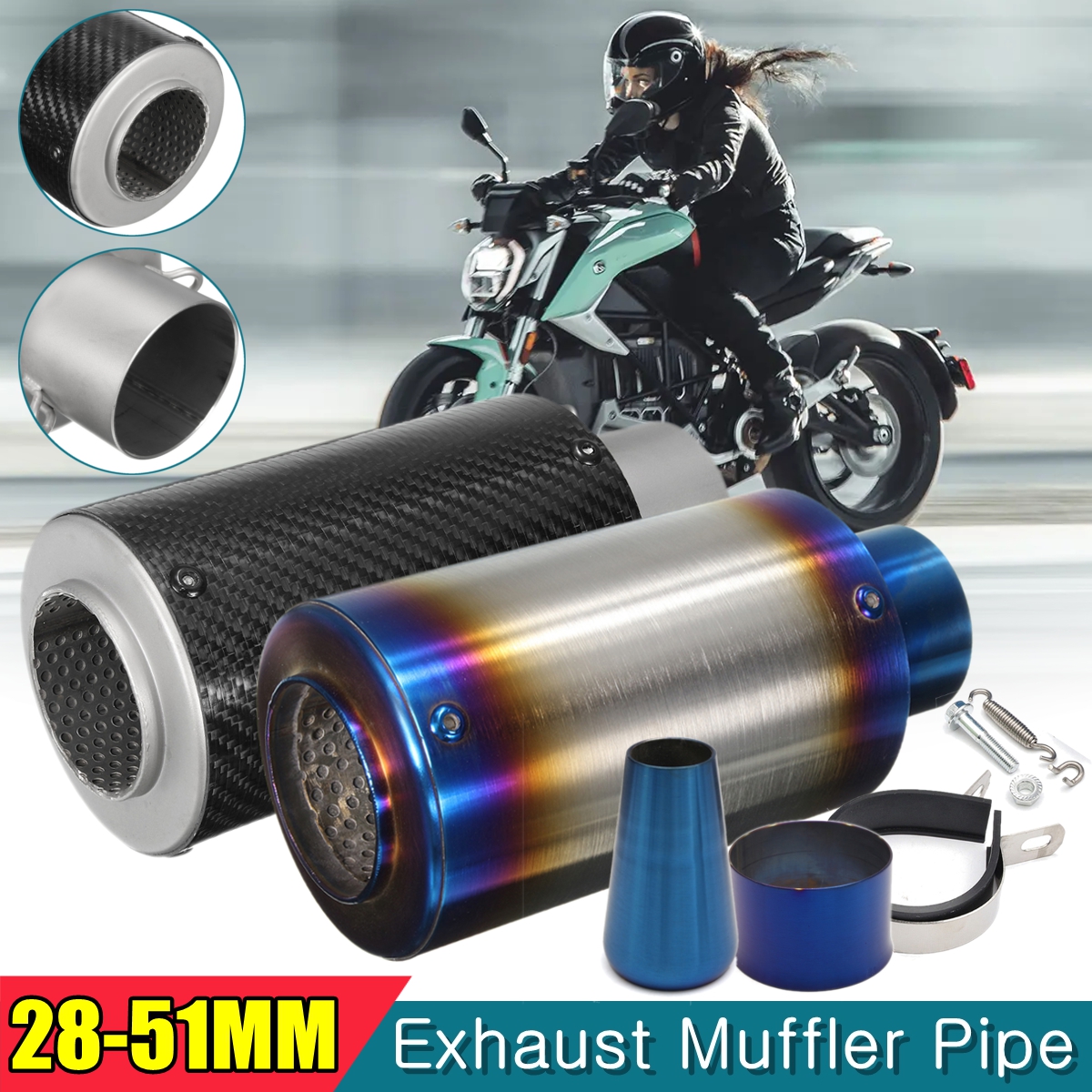 28-51mm-Motorcycle-Cylinder-Exhaust-Muffler-Pipe-BluingCarbon-Fiber-Universal-1124075