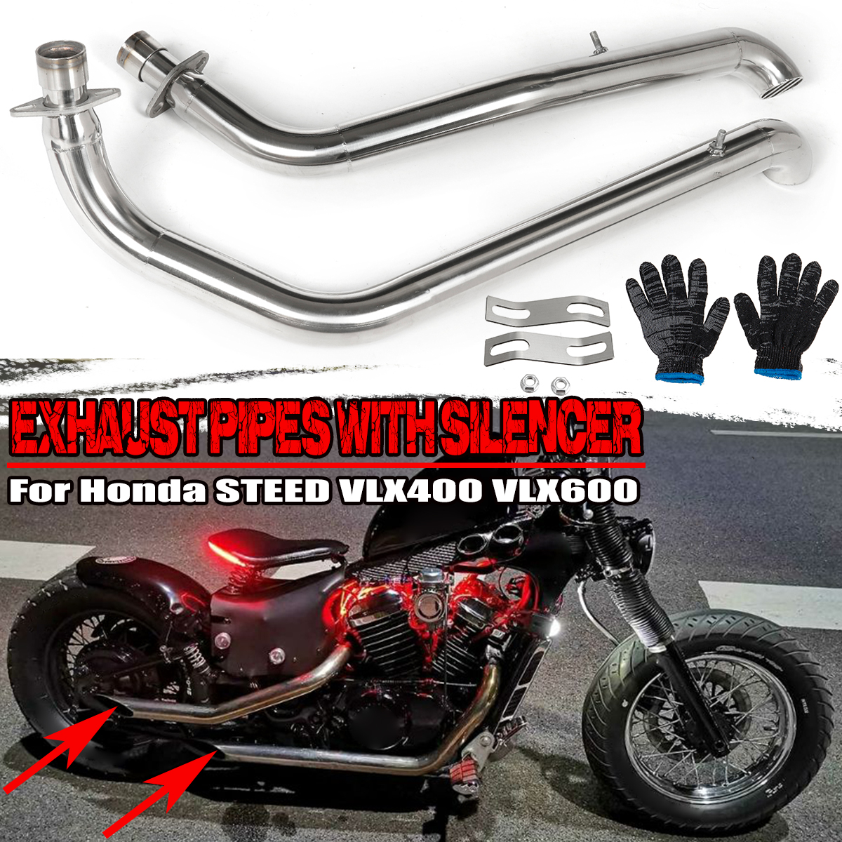 2PCS-Chrome-Pipes-Full-Exhaust-System--Silencer-For-Honda-STEED-VLX400-VLX600-1812668