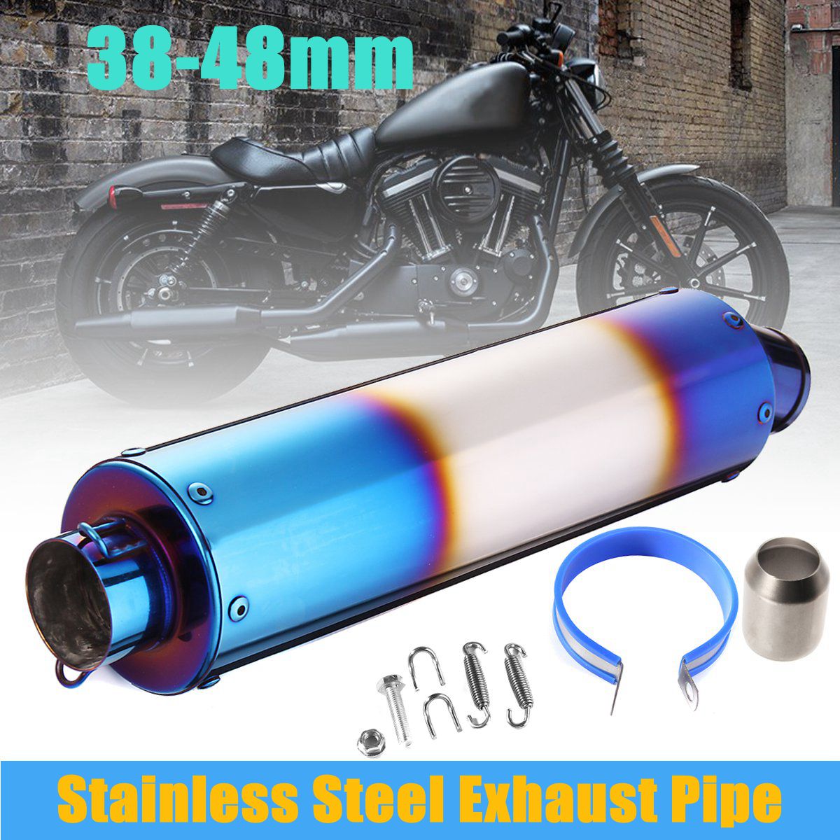 38-48mm-Motorcycle-Stainless-Steel-Exhaust-Muffler-Pipe-Grilled-Blue-1656739