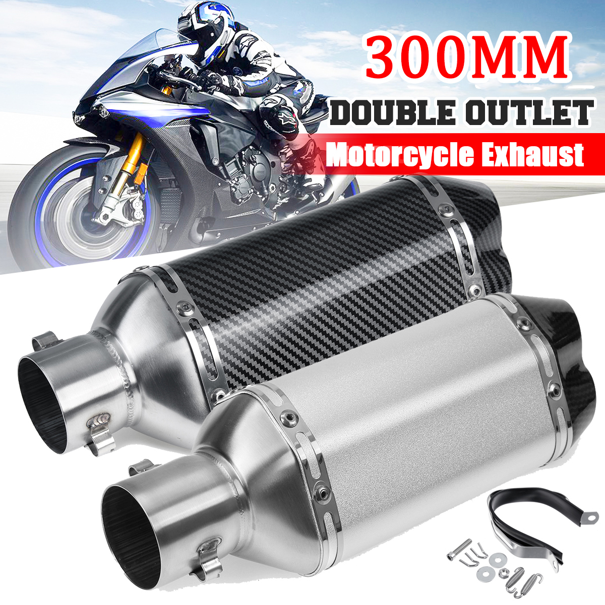 38-51mm-Motorcycle-Double-Outlet-Exhaust-Tail-Pipe-Kit-300mm-Universal-1774303