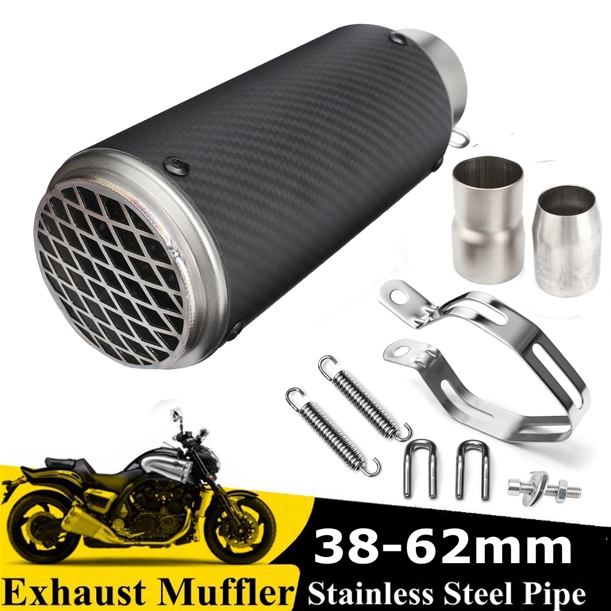 38-62mm-Carbon-Motorcycle-Universal-Exhaust-Muffler-Pipe-Stainless-Steel-w-Mesh-1220212
