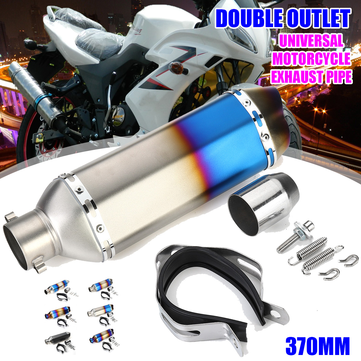 51mm-Double-Outlet-Motorcycle-Rear-Exhaust-Tail-Pipe-Blue-Universal-Motorbike-370mm-Stainless-Steel-1774302