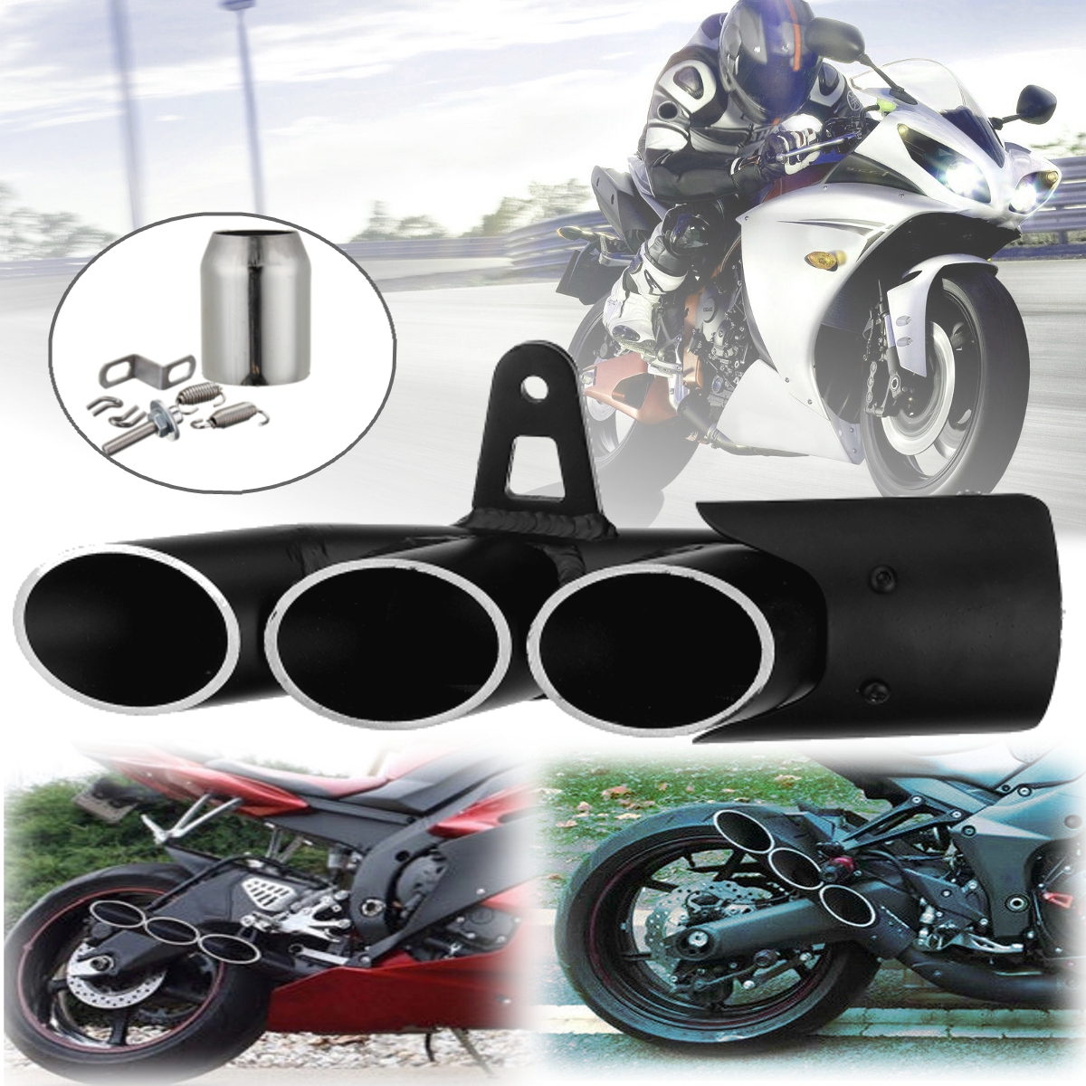 Motorcycle-Exhaust-Three-outlet-Pipe-with-Mounting-Clamp-Black-1225426