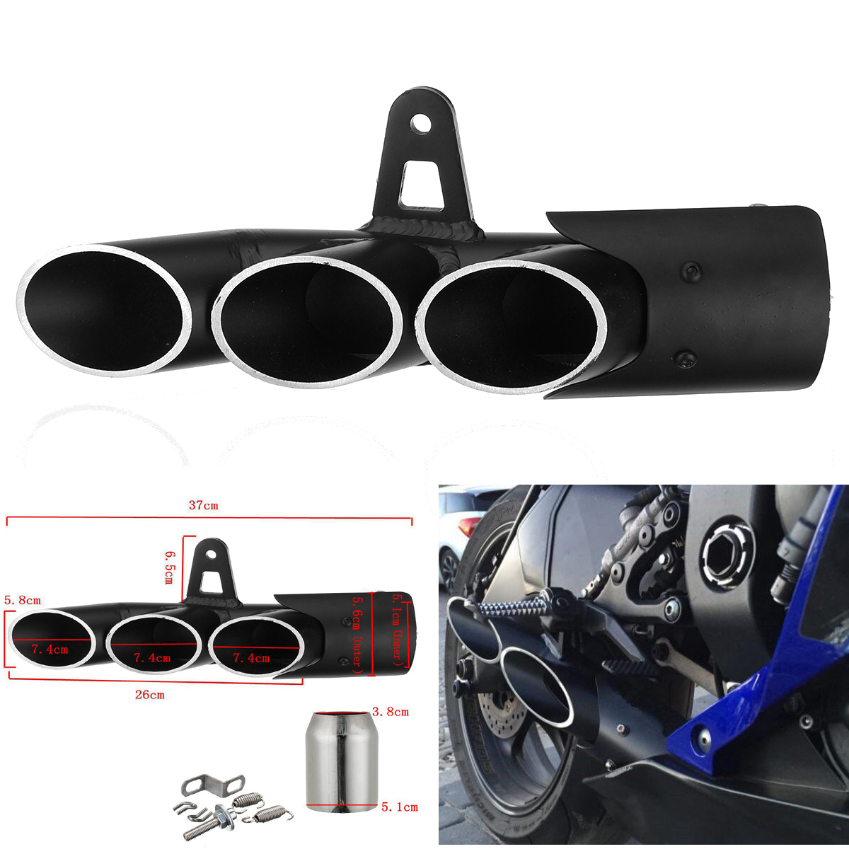 Motorcycle-Exhaust-Three-outlet-Pipe-with-Mounting-Clamp-Black-1225426