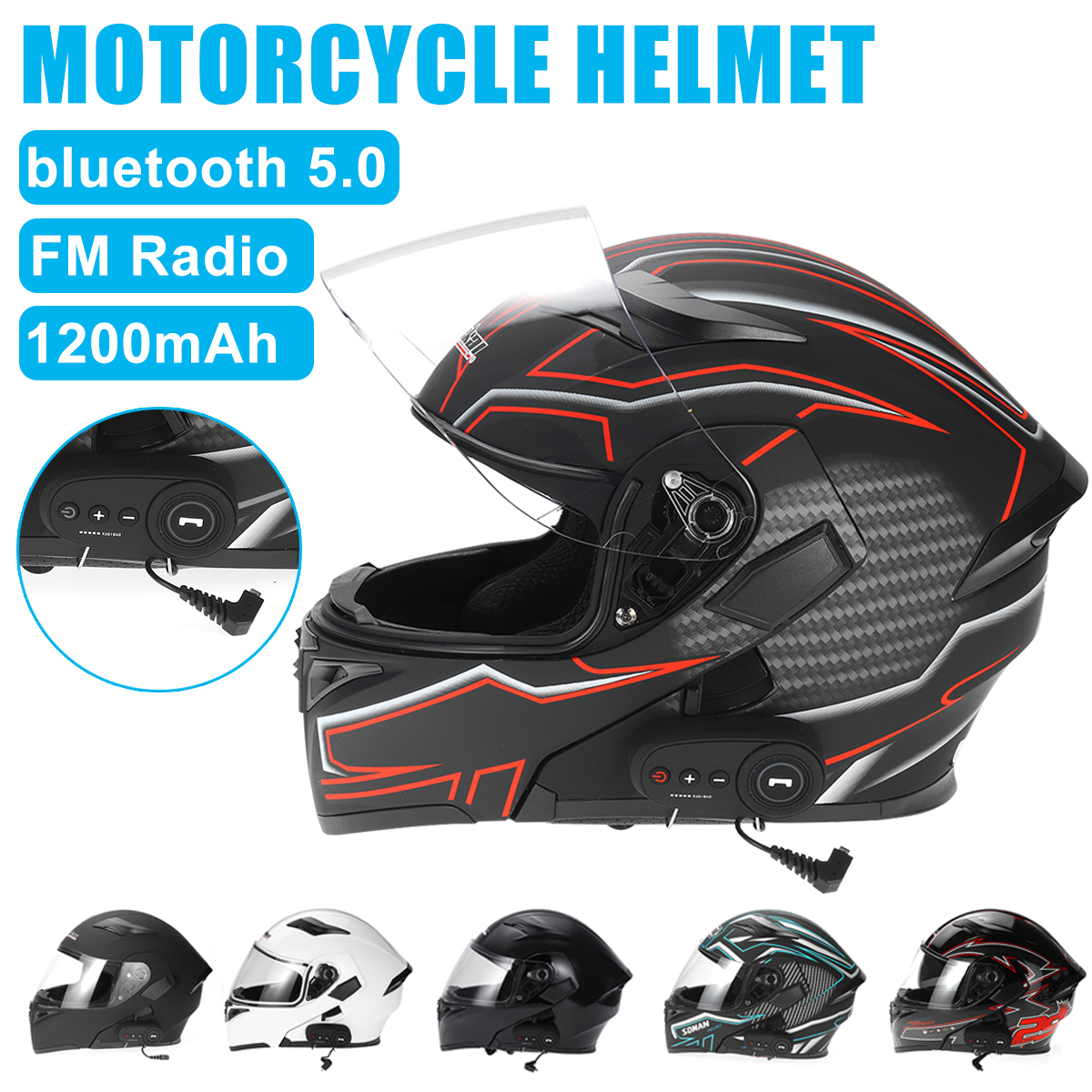 Motorcycle-Helmet-With-BT-Headset-Earphone-Intercom-Flip-Up-Modular-Motorbike-Road-Bike-1200mAh-Batt-1784284
