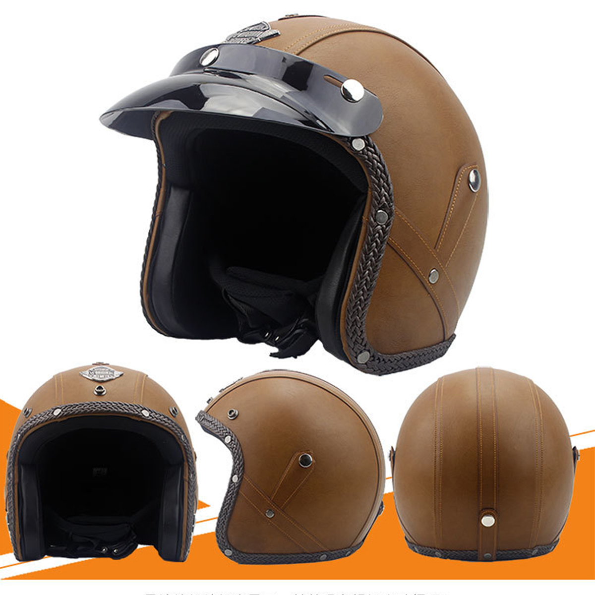 DOT-34-Face-Vintage-Leather-Motorcycle-Helmet-Motorbike-Scooter-Crash-Visor-M-L-XL-1418824