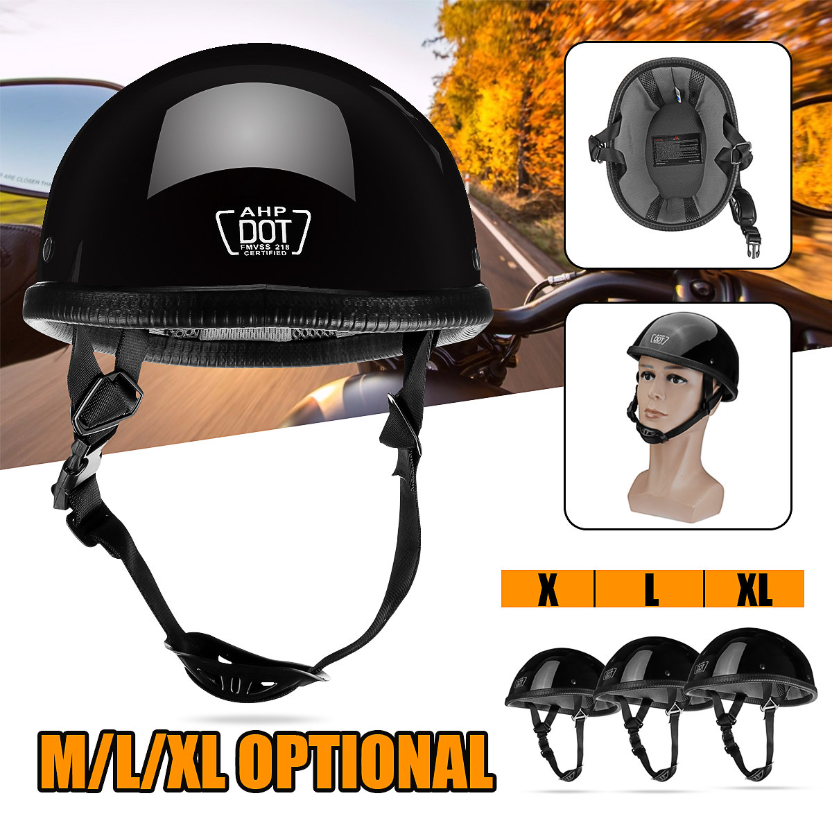 MLXL-DOT-Motorcycle-German-Style-Half-Face-Helmet-Motocross-Scooter-Glossy-Black-1531209