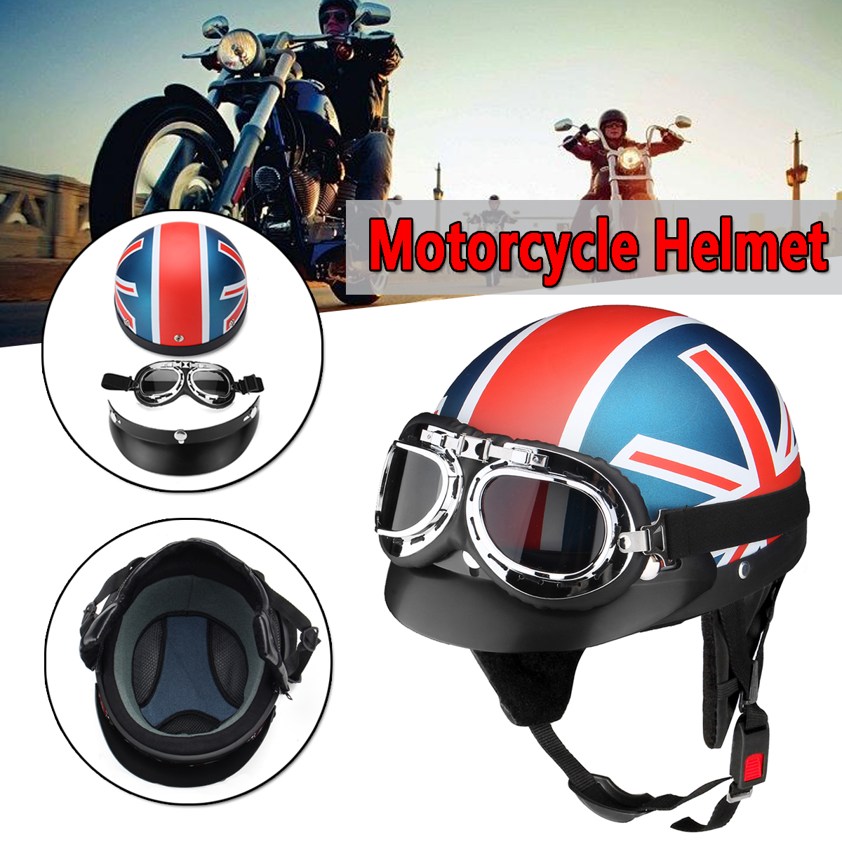 Motorcycle-Open-34-Half-Face-Helmet-With-Goggles-Sun-Visor-Adjustable-1358627