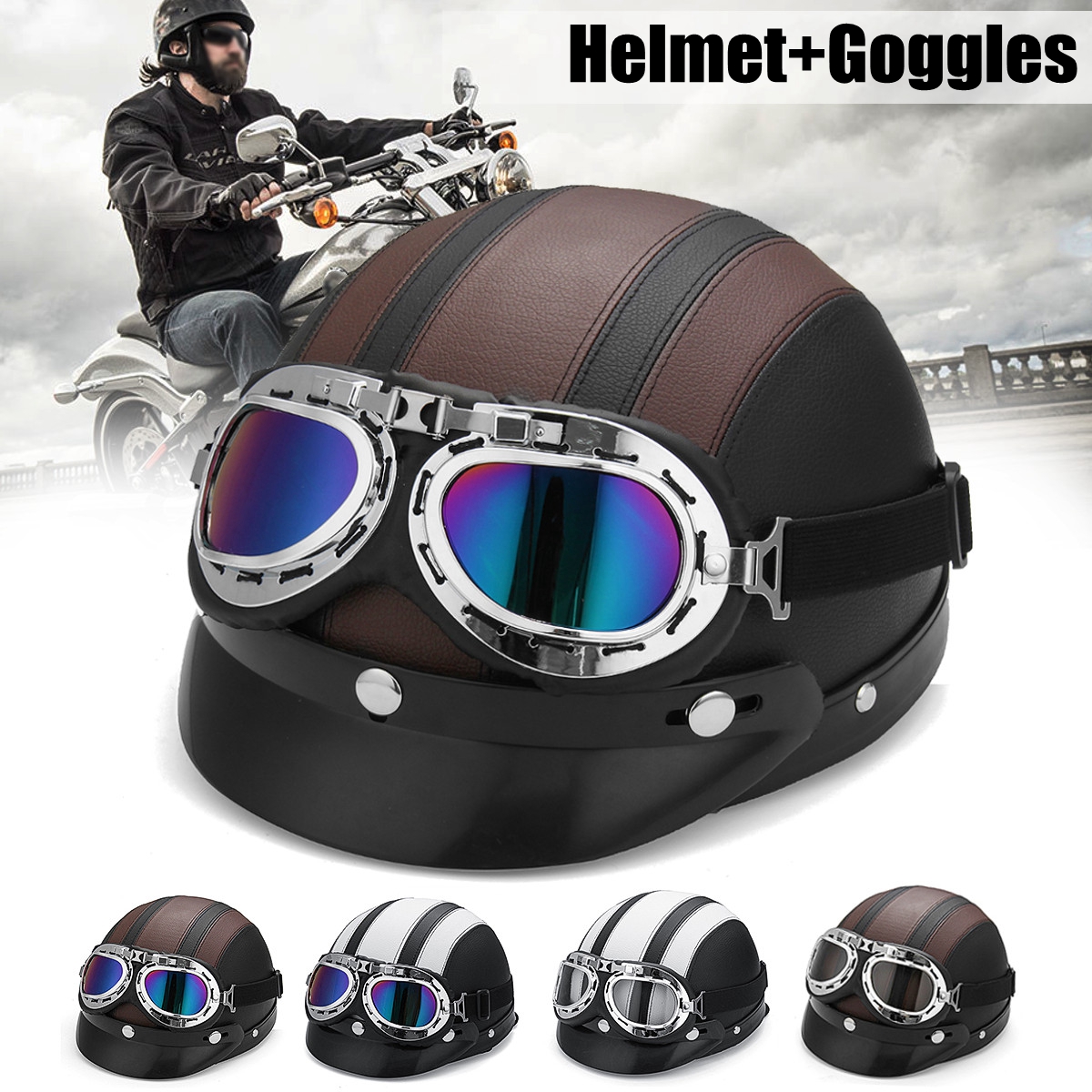 Motorcycle-Scooter-Half-Helmet-Hat-Open-Face-Shield-Visor-With-Sun-UV-Goggles-1310436