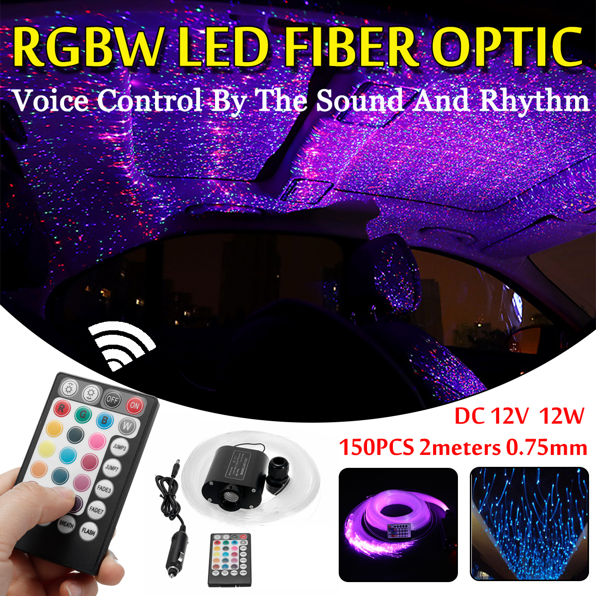12W-RGBW-LED-Fiber-Optic-Star-Ceiling-Light-Source-Device-150Pcs-2M-075mm--28Key-RF-Remote-1469368