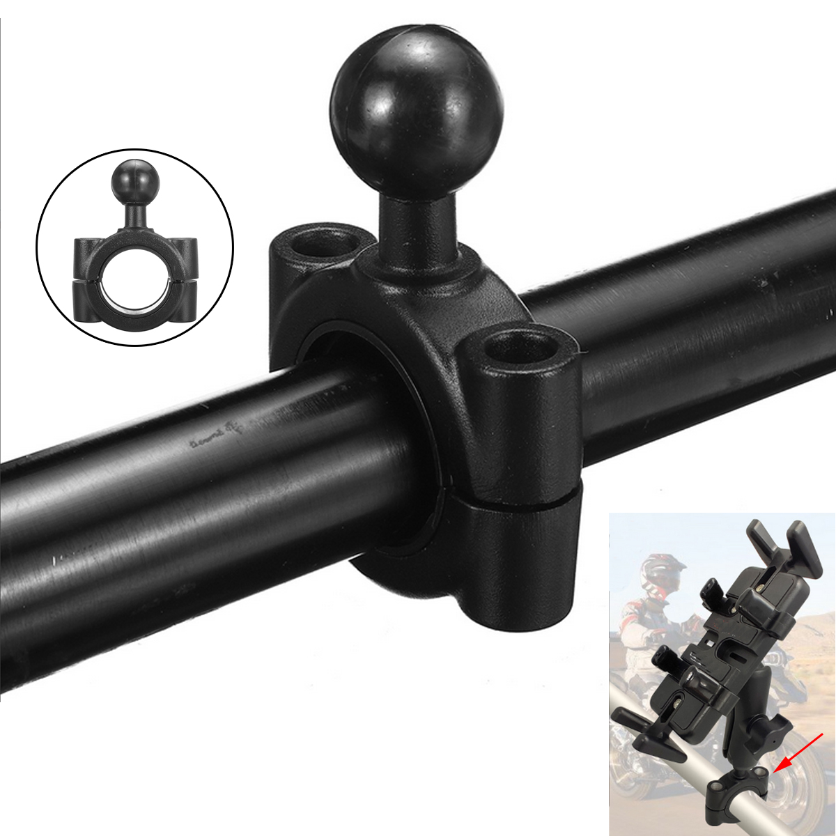 381-508mm-Round-Tube-Universal-Motorcycle-Handlebar-Rail-Mount-U-Bolt-Mounting-Base-1quot-Ball-Head-1722190