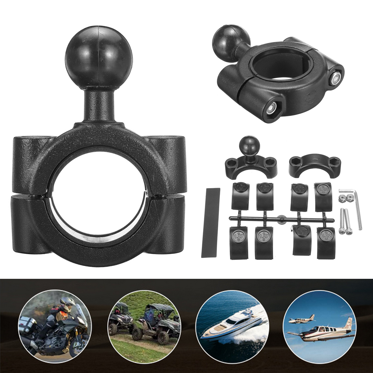 381-508mm-Round-Tube-Universal-Motorcycle-Handlebar-Rail-Mount-U-Bolt-Mounting-Base-1quot-Ball-Head-1722190