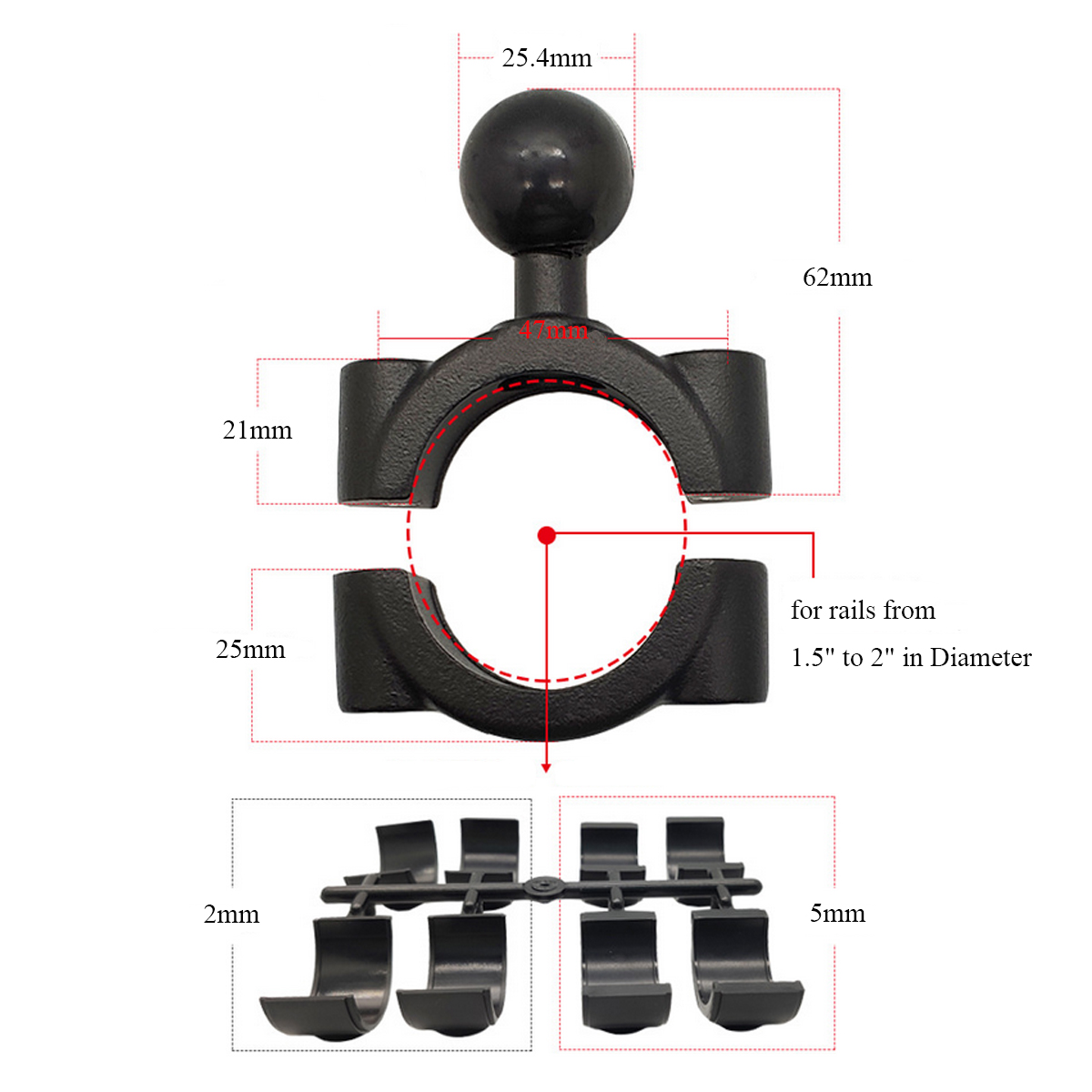 381-508mm-Round-Tube-Universal-Motorcycle-Handlebar-Rail-Mount-U-Bolt-Mounting-Base-1quot-Ball-Head-1722190