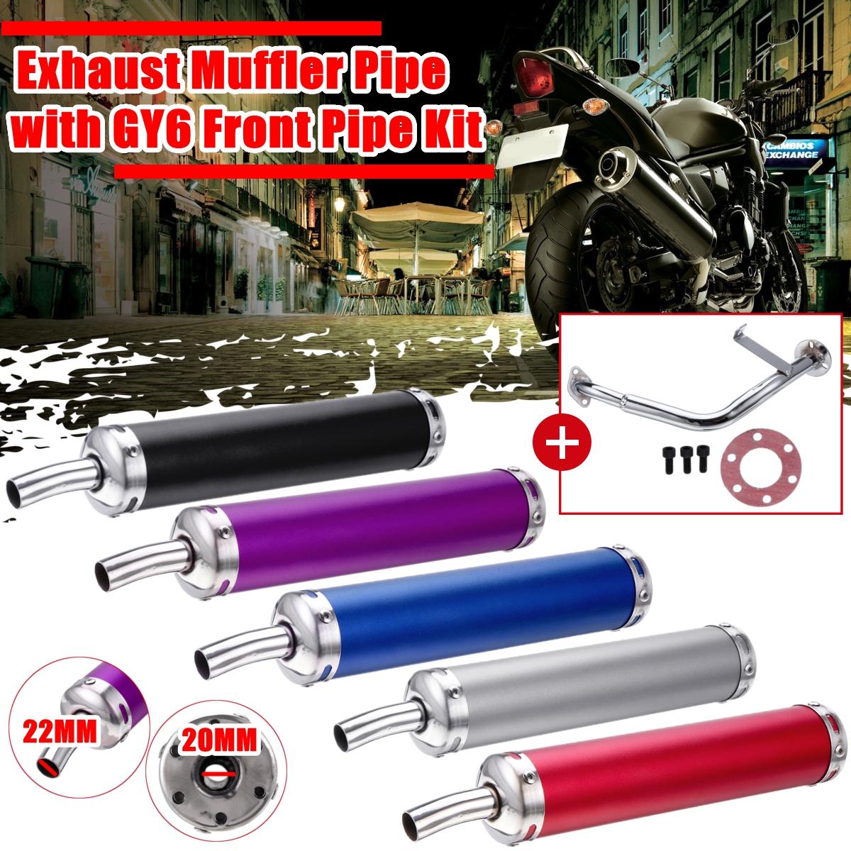 22MM-Inlet-Round-Bent-Outlet-Exhaust-Muffler-Tip-End-Tail-Pipe-with-GY6-Front-Pipe-Kit-Rear-1505698