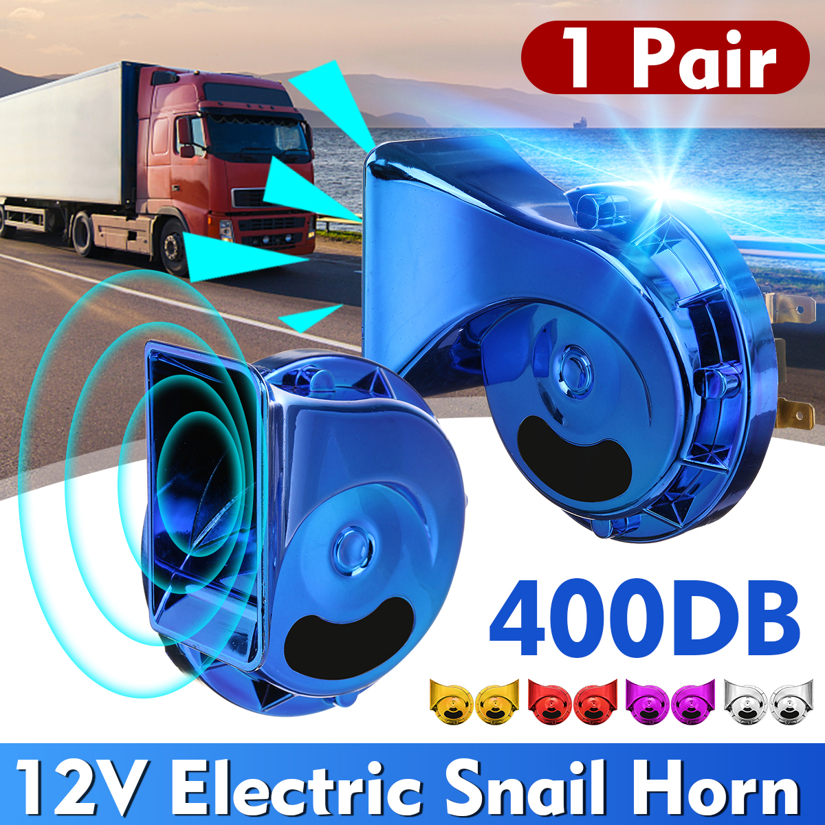 400dB-Electric-Snail-Horns-RedPurpleBlueSilverGold-Pair-For-12V-Cars-1740367
